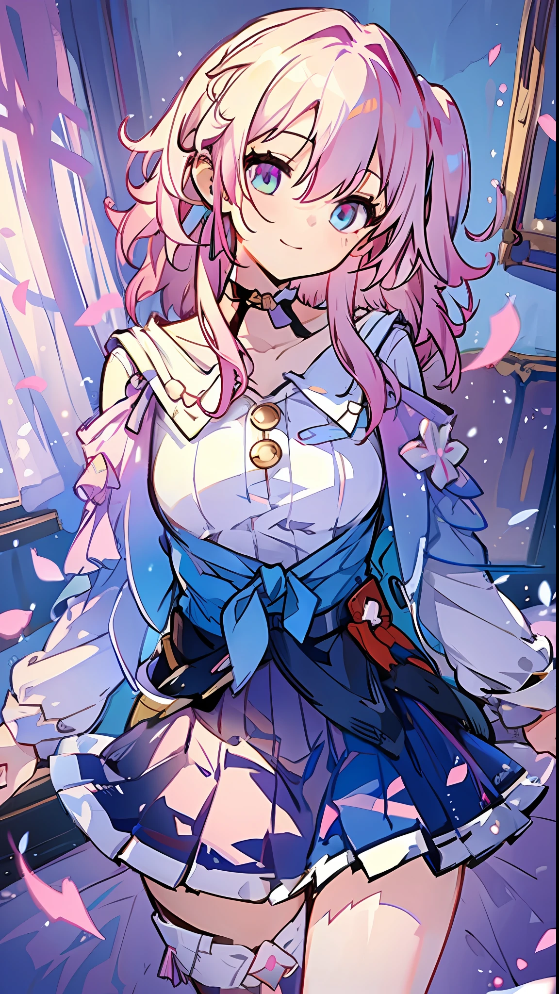 beautiful illustration, best quality, cute girl, bedroom, pink hair, happy, miniskirt, white blouse, two side up