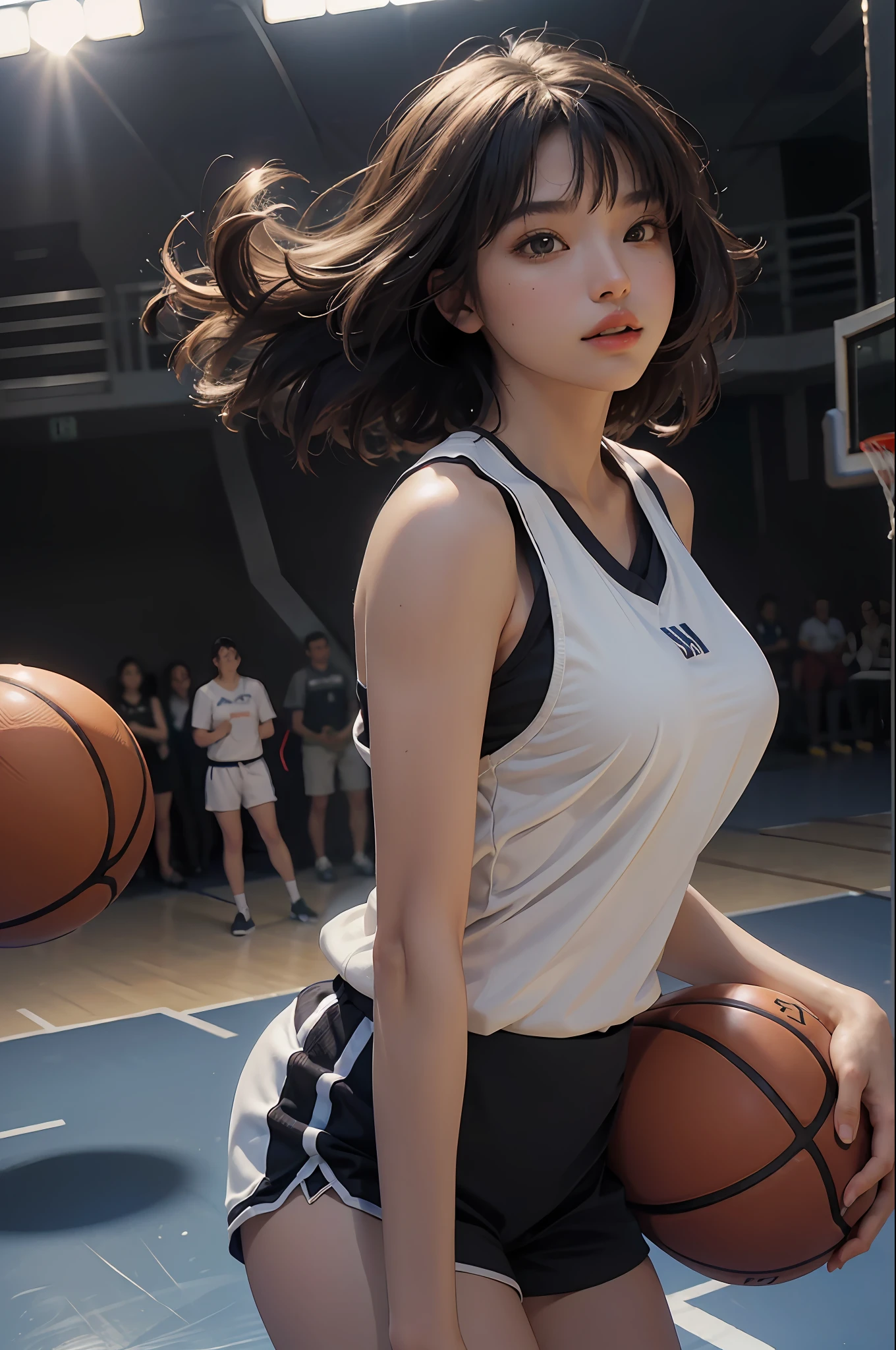 (RAW photo, 4k, masterpiece, high resolution, extremely complex) (realistic: 1.4), cinematic lighting
1 Girl, Solo Focus, Summer Noon, Hot, 1990s\(Style\), (Best Quality), (Highres), (an Extremely Delicate and Beautiful),,(Beautiful 8k face),(Brown eyes),(ulzzang-6500:1.0),(solo),(Looking side),( spectators),(large breasts),(NBA),bent over,,lookside,(side), ,(Basketball sportswear),((Play basketball)),((gymnasium)),((speed)),(reality),