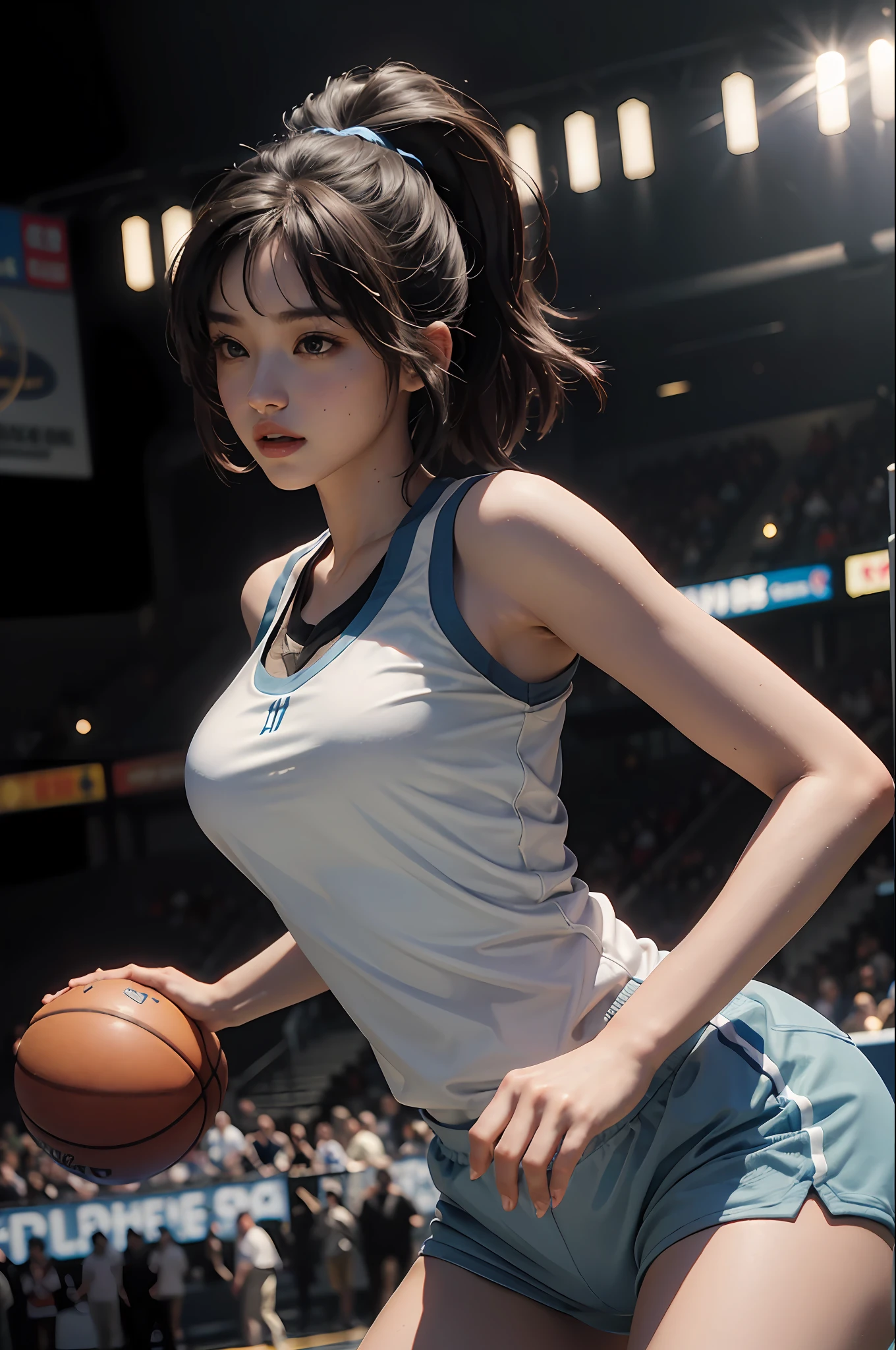 (RAW photo, 4k, masterpiece, high resolution, extremely complex) (realistic: 1.4), cinematic lighting
1 Girl, Solo Focus, Summer Noon, Hot, 1990s\(Style\), (Best Quality), (Highres), (an Extremely Delicate and Beautiful),,(Beautiful 8k face),(Brown eyes),(ulzzang-6500:1.0),(solo),(Looking side),( spectators),(large breasts),(NBA),bent over,,lookside,(side), ,(Basketball sportswear),((Play basketball)),((gymnasium)),((speed)),(reality),