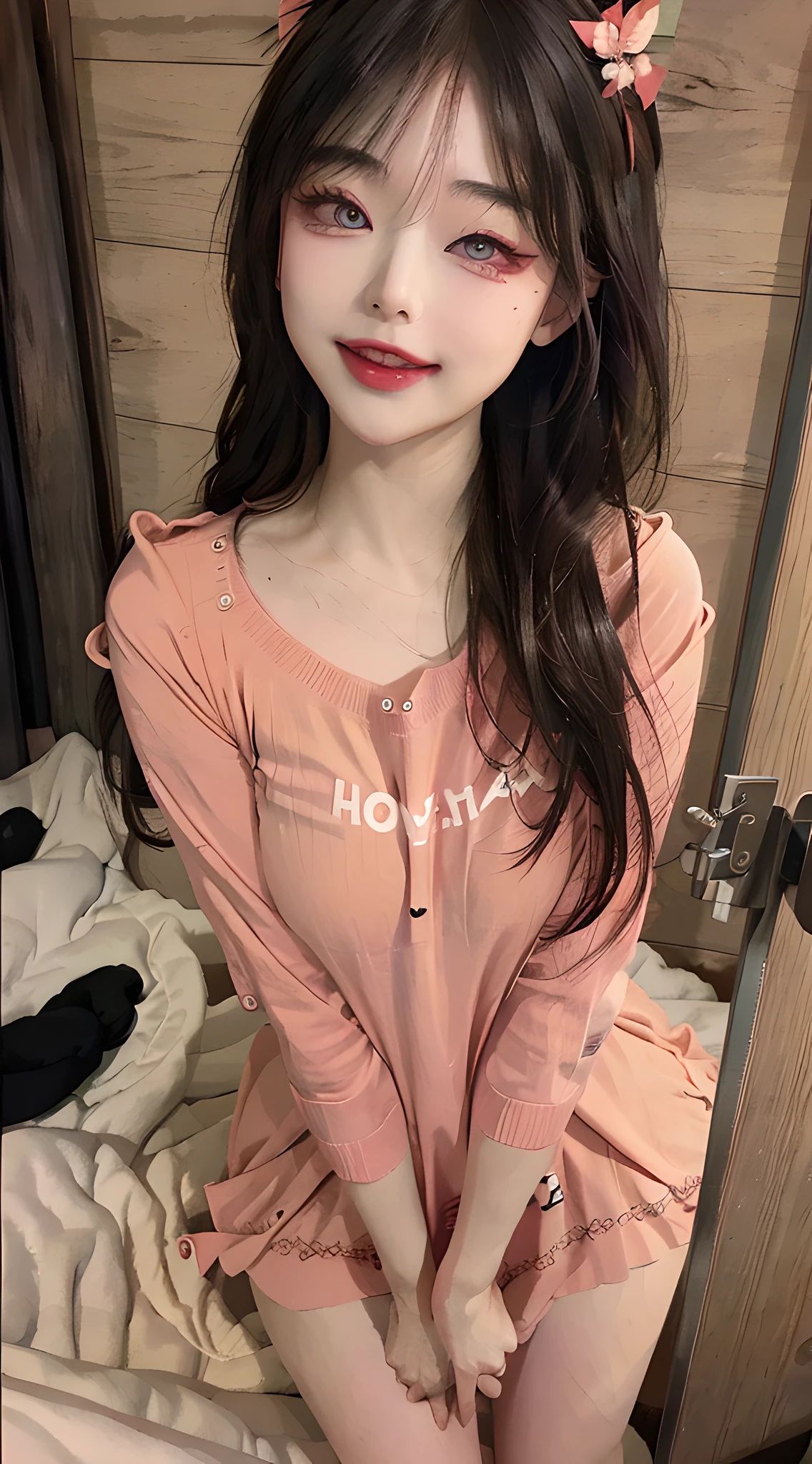 Mature Woman, Red Eyeshadow, Heart-shaped Eyes, One Eye Closed, Seductive Smile, Excited, Best Quality, Masterpiece, Outdoor, Sweater Dress, Korean Women, Full Body Photo, Fan Face, Double Eyelids, Smart Peach Blossom Eyes, Peach Lips, Small Upturned Nose, Ultra HD, Super Detail, Slightly Chubby, Cute Little Face, Biting Lips, COS