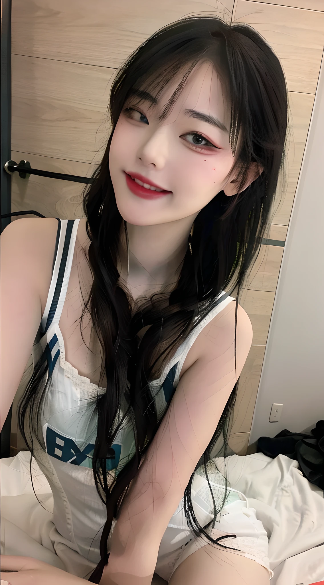 (masterpiece) , (best quality) , (reality: 1.3) , (photorealistic:1.3), Octane rendering, (surreal: 1.2) , perfect facial features, translucent body, perfect appearance, blush, (), original, extremely detailed wallpaper, highly detailed illustration, (1 Girl), (best lighting), ( super-complex detail), 4K unity, (ultra-detail CG: 1.2), (8K: 1.2), full body photo, cosplay, (smile: 1.5), seductive pose, medium chest, mature woman, red eye shadow, heart shaped eyes, one eye closed, seductive smile, excitement, Korean woman, full body photo, face face, double eyelids, smart peach blossom eyes, pink lips, small upturned nose, super high-definition, super detail, cute little face, biting lips, cos clothing