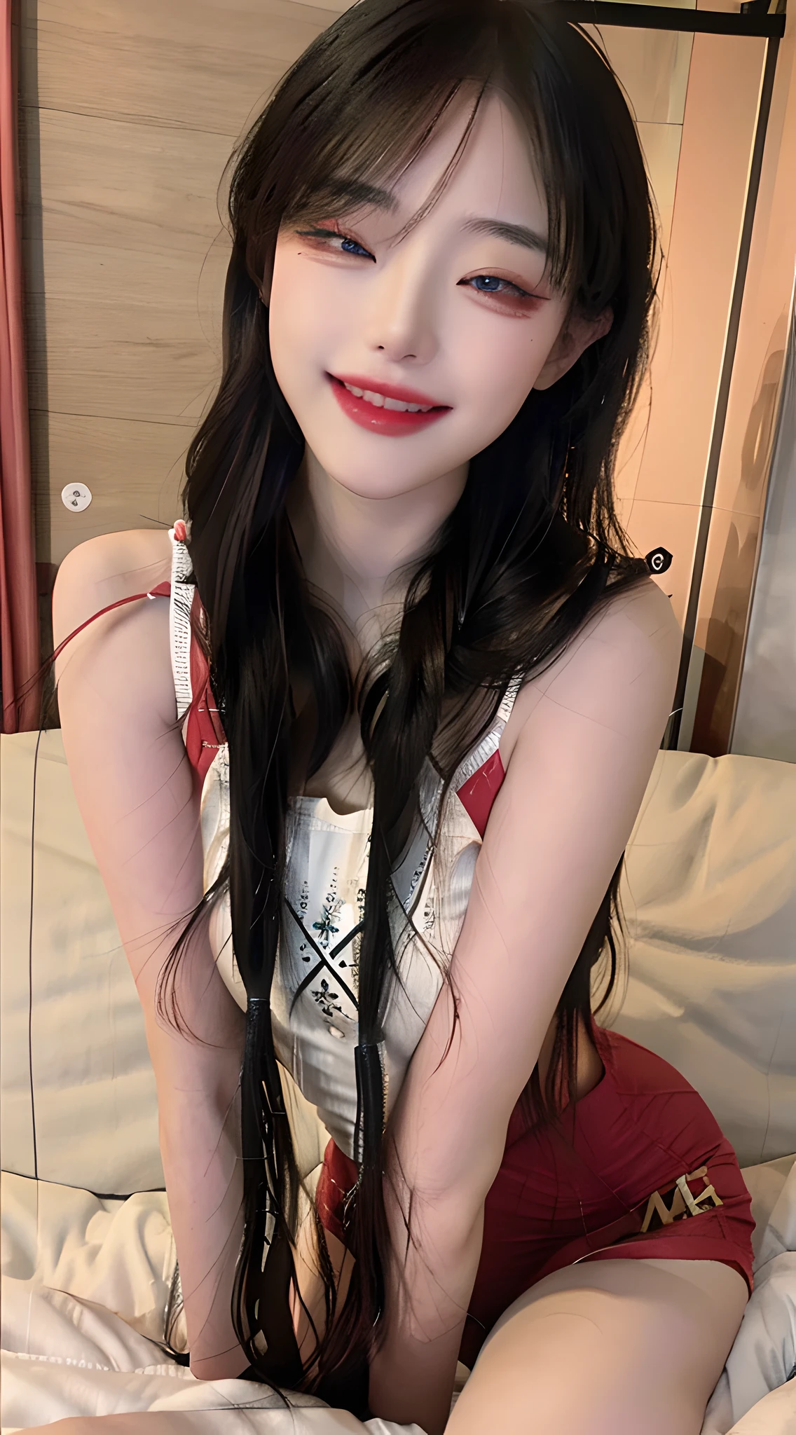 (masterpiece) , (best quality) , (reality: 1.3) , (photorealistic:1.3), Octane rendering, (surreal: 1.2) , perfect facial features, blush, (), original, extremely detailed wallpaper, highly detailed illustration, (1 girl), (best lighting), (super-complex detail) , 4K Unity, (Ultra Detail CG: 1.2), (8K: 1.2), Full Body Shot, Cosplay, (Smile: 1.5), Seductive Pose, Medium Chest, Red Eye Shadow, Heart Shaped Eyes, One Eye Closed, Seductive Smile, Excited, Korean Women, Full Body Photo, Crushing Face, Double Eyelids, Smart Peach Blossom Eyes, Pink Lips, Small Upturned Nose, Ultra HD, Super Detail, Cute Little Face, Biting Lips, Cos Costume