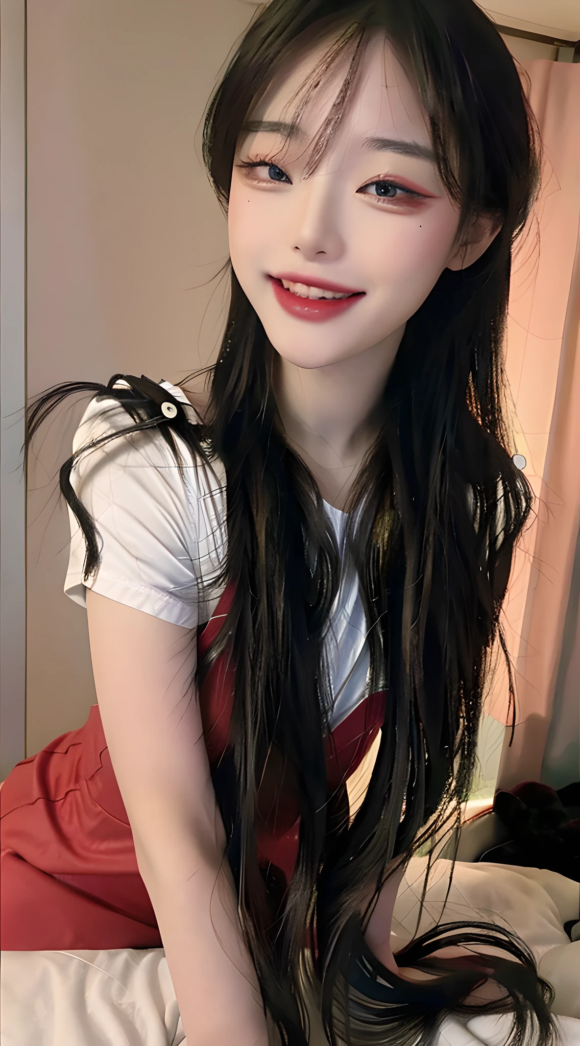 (masterpiece) , (best quality) , (reality: 1.3) , (photorealistic:1.3), Octane rendering, (surreal: 1.2) , perfect facial features, blush, (), original, extremely detailed wallpaper, highly detailed illustration, (1 girl), (best lighting), (super-complex detail) , 4K Unity, (Ultra Detail CG: 1.2), (8K: 1.2), Full Body Shot, Cosplay, (Smile: 1.5), Seductive Pose, Medium Chest, Red Eye Shadow, Heart Shaped Eyes, One Eye Closed, Seductive Smile, Excited, Korean Women, Full Body Photo, Crushing Face, Double Eyelids, Smart Peach Blossom Eyes, Pink Lips, Small Upturned Nose, Ultra HD, Super Detail, Cute Little Face, Biting Lips, Cos Costume