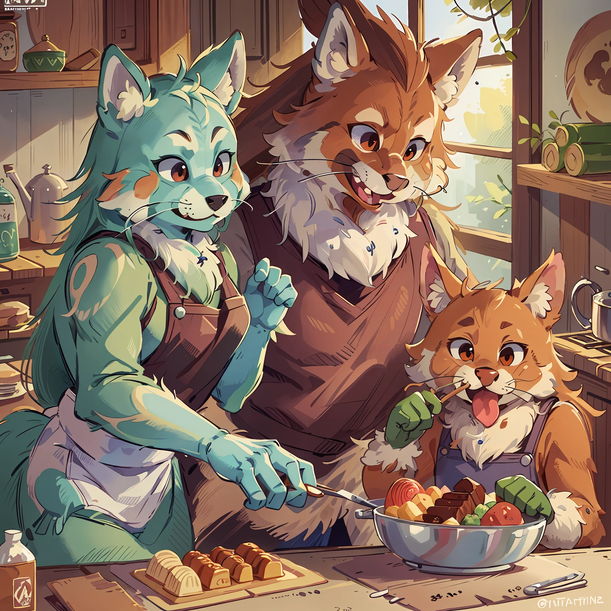 Top quality, picture book cover, watercolor, fancy, four-headed, pale color (log cabin, kitchen) (very detailed beautiful face and eyes) perfect anatomy (beastman) (beastman, cooking aprons, mittens, sweets, eating happily) (furry antro: 1.2) (animal facial features of furry bodies) (animal muzzle very detailed fur) whole body, smile with open mouth ( Dynamic Pose),