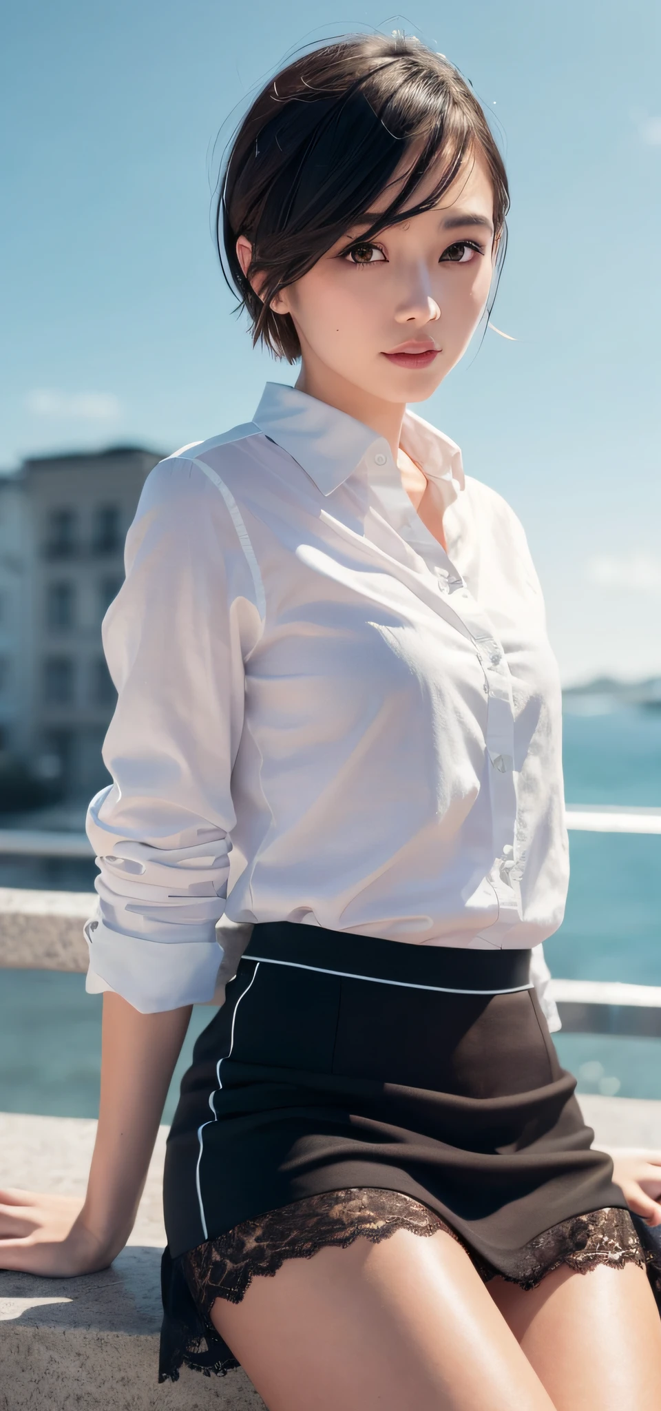 (8k, top quality, masterpiece: 1.2), (realistic, photorealistic: 1.37), super detailed, girl single, cute, solo, beautiful detailed sky, detailed café, night, sitting, dating, (blush), (smile: 1.15), (closed mouth) small, fine beautiful eyes, (collared shirt: 1.1), night, wet, rain, lace skirt, (short hair: 1.2), Floating NovaFrogStyle, white underwear,