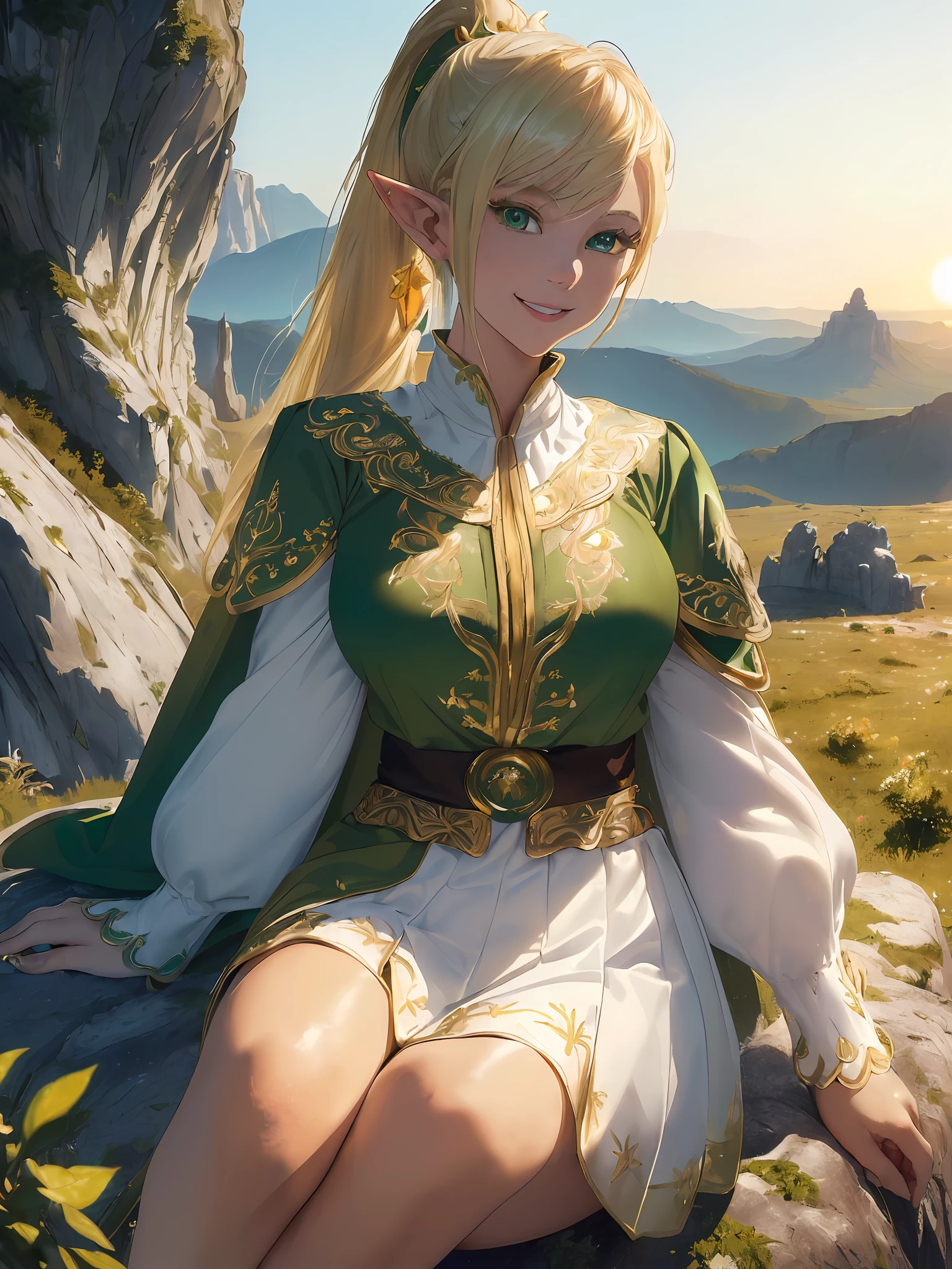 (((Masterpiece, highest quality, high definition, high detail)))), ((((Fantasy)))), 1 person, (Elf woman)))), (White short skirt embroidered with gold), (Blonde long straight ponytail), (Glossy dark green eyes), (Golden embroidered green surcoat), (Golden embroidered green cape), ((Big breasts)), (Sunrise)), (Small Peak))), ((( Sit on a big rock))), ((smile)), tilt your head, (breeze), ((cowboy shot))