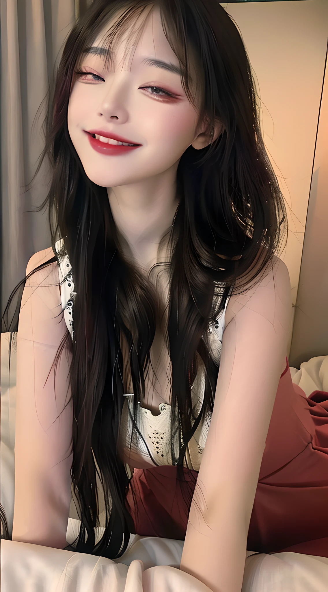 (masterpiece) , (best quality) , (reality: 1.3) , (photorealistic:1.3), Octane rendering, (surreal: 1.2) , perfect facial features, blush, (), original, extremely detailed wallpaper, highly detailed illustration, (1 girl), (best lighting), (super-complex detail) , 4K Unity, (Ultra Detail CG: 1.2), (8K: 1.2), Full Body Shot, Cosplay, (Smile: 1.5), Seductive Pose, Medium Chest, Red Eye Shadow, Heart Shaped Eyes, One Eye Closed, Seductive Smile, Excited, Korean Women, Full Body Photo, Crushing Face, Double Eyelids, Smart Peach Blossom Eyes, Pink Lips, Small Upturned Nose, Ultra HD, Super Detail, Cute Little Face, Biting Lips, Cos Costume