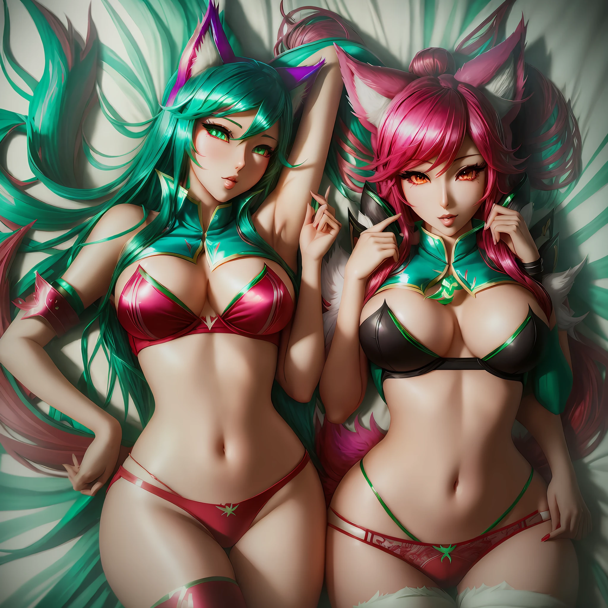LoL ((Ahri)) Sexy, panties, ((Akali)) sexy, red panties, ahri KDA, akali KDA, photorealistic, ((Realistic)) 8k couple, --auto --s2