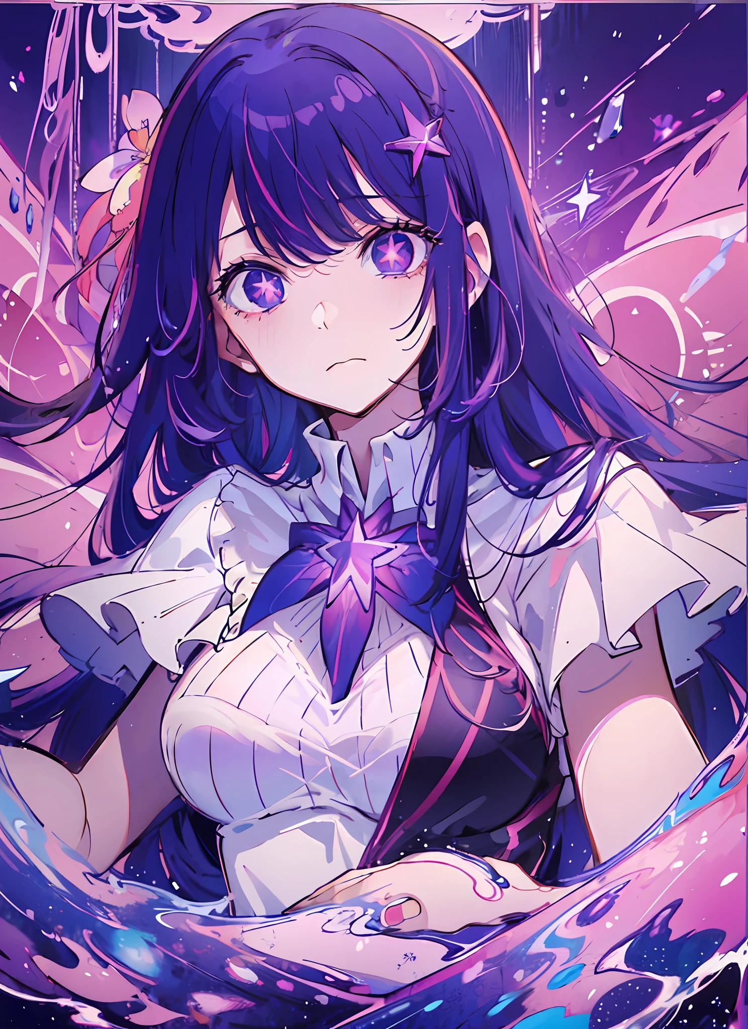 (flat color:1.3),(colorful:1.3),(masterpiece:1.2), best quality, masterpiece, original, extremely detailed wallpaper, looking at viewer,1girl,solo,floating colorful water, purple hair, purple eyes, ((large breast)), ((star shaped eyes)), star pupils, ((star shaped pupils)), ((star eyes))