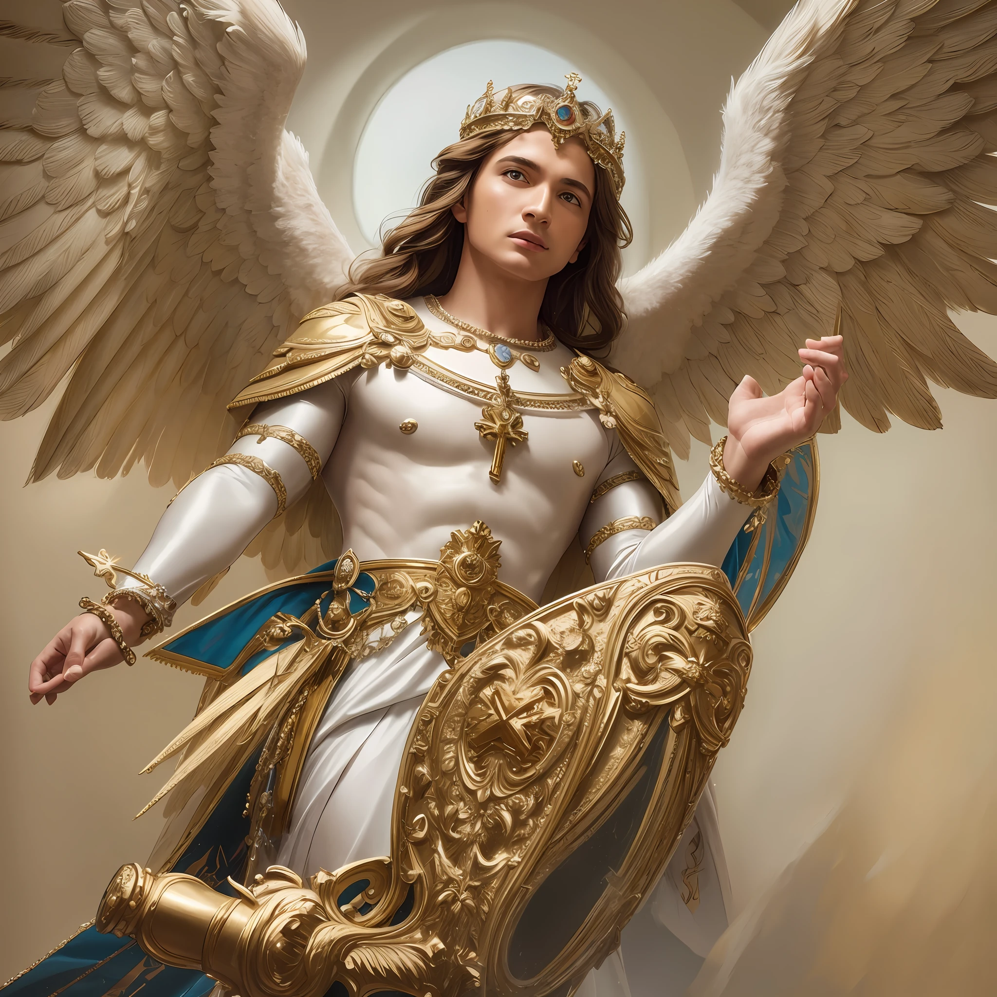 Archangel Michael, cream background without elements, catholic holy image, Youtube thumbnail format, oil painting, --auto --s2