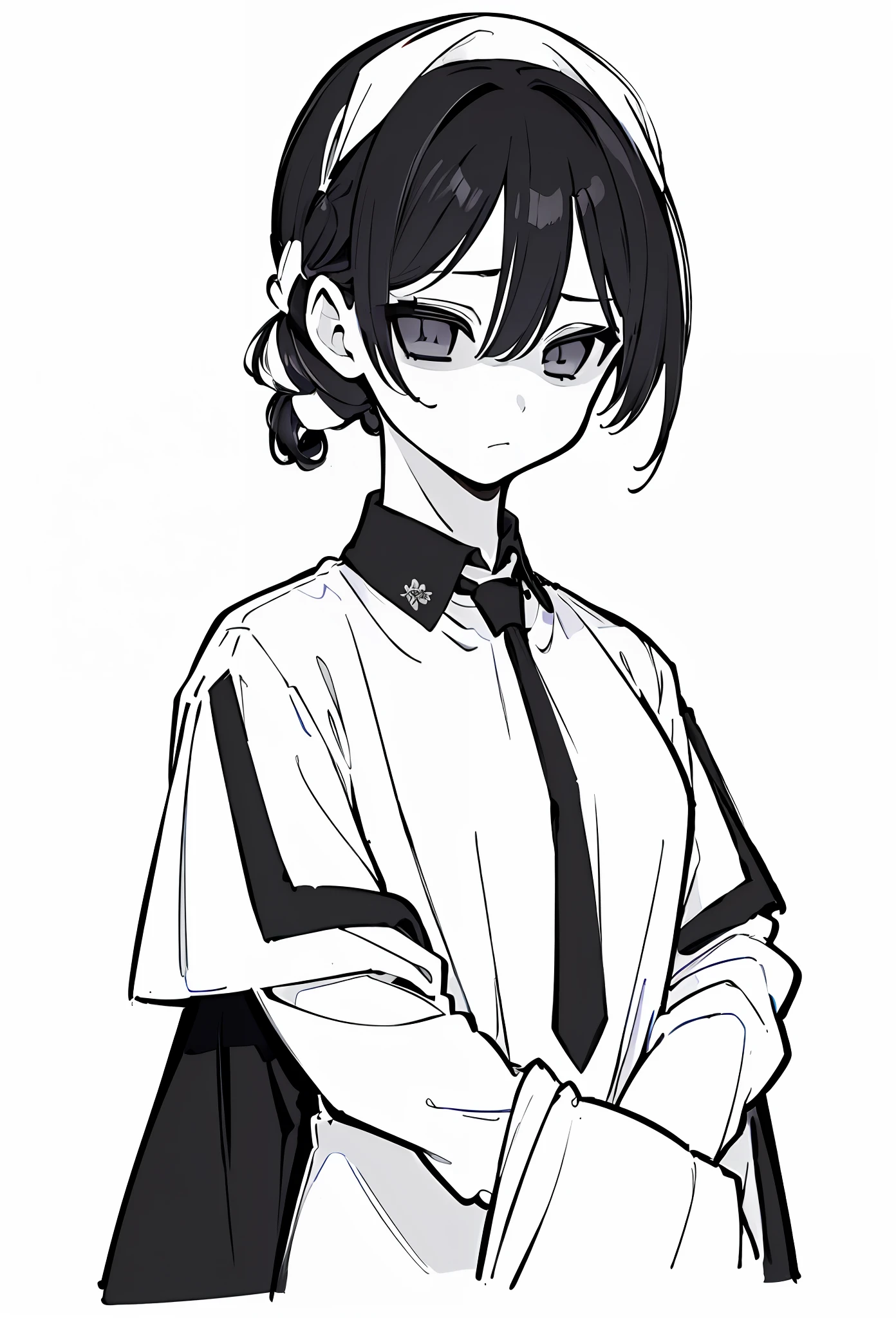 (((masterpiece, illustration, strong outlines)), monochrome, chiaroscuro, (simple background, transparent background, exotic simple background), a japanese girl, suit, black jacket, white shirt, black necktie, serious face, shaded face, hair between eyes, dead eyes, white hair, french braid, short hair, high contrast
