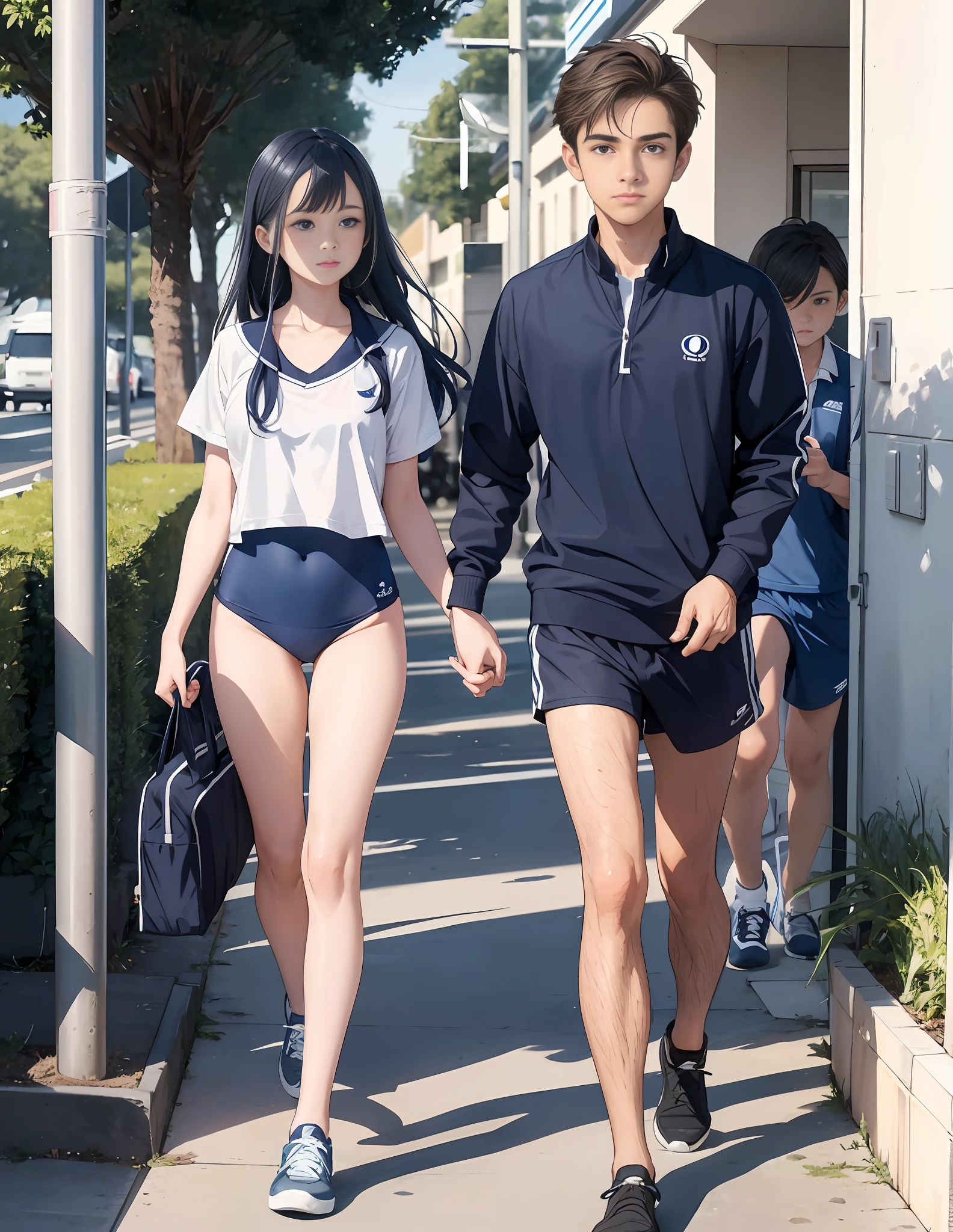 girl in navy blue school swimsuit and teenage boy in gym uniform white t-shirt and navy blue bikini swimsuit bottoms walking to school hand in hand