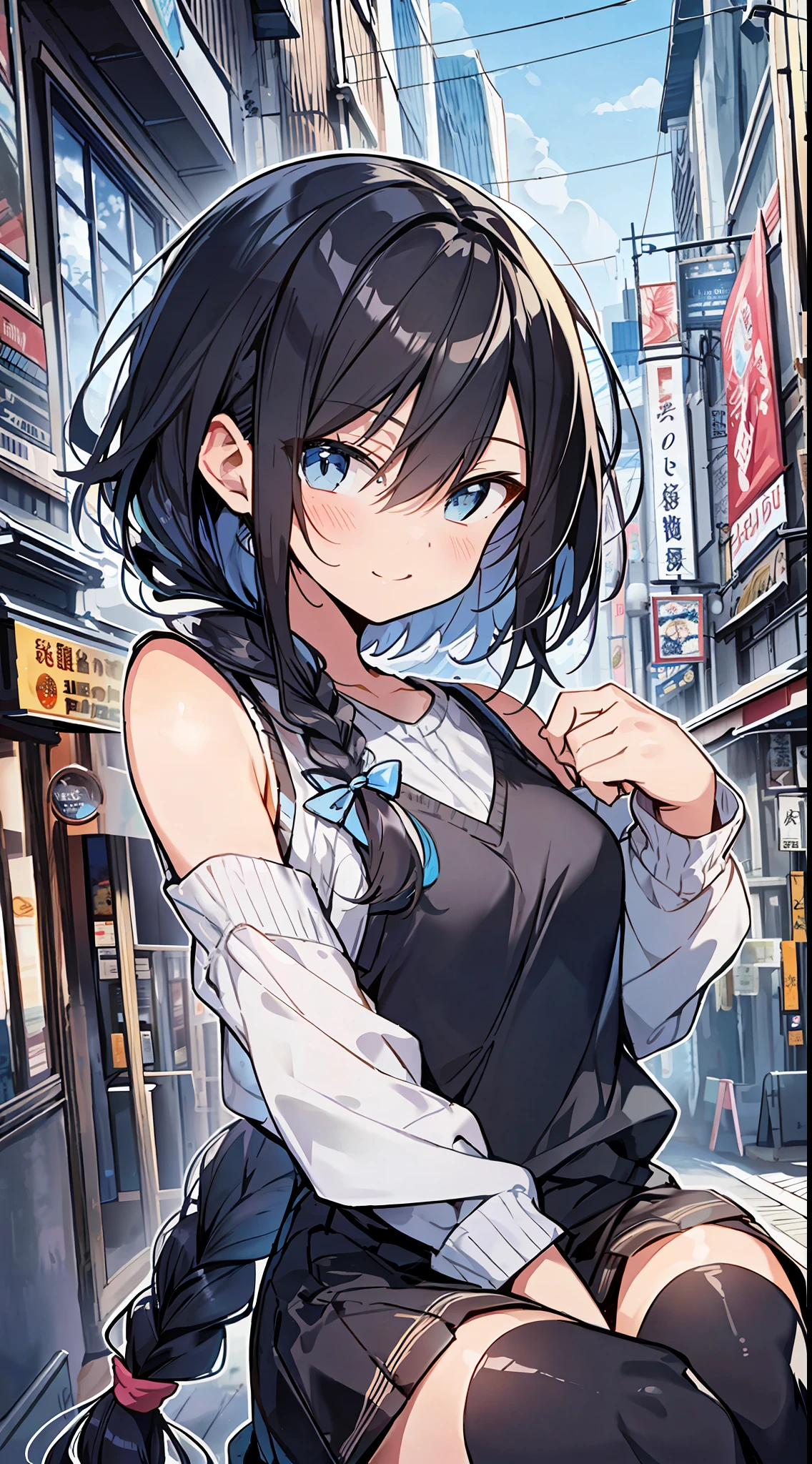 Top Quality, Best Masterpiece, Ultra High Definition, 8K, Light Blue Sweater Vest, Anime Style Little , Single, Ultra Detailed Line Art, Digital Enhancement, Anime Core, Flowing Fabric, Close Up, ((Hair length to shoulder mouth and short braid)), staring at us from the front, soft drawing, beautiful black hair, crisp eyes, smiling smile, ultra-detailed digital anime art, Ultra-detailed anime character art, ultra-detailed manga style, top-quality colors, hand gestures, foot-ready angles, cityscapes with nature