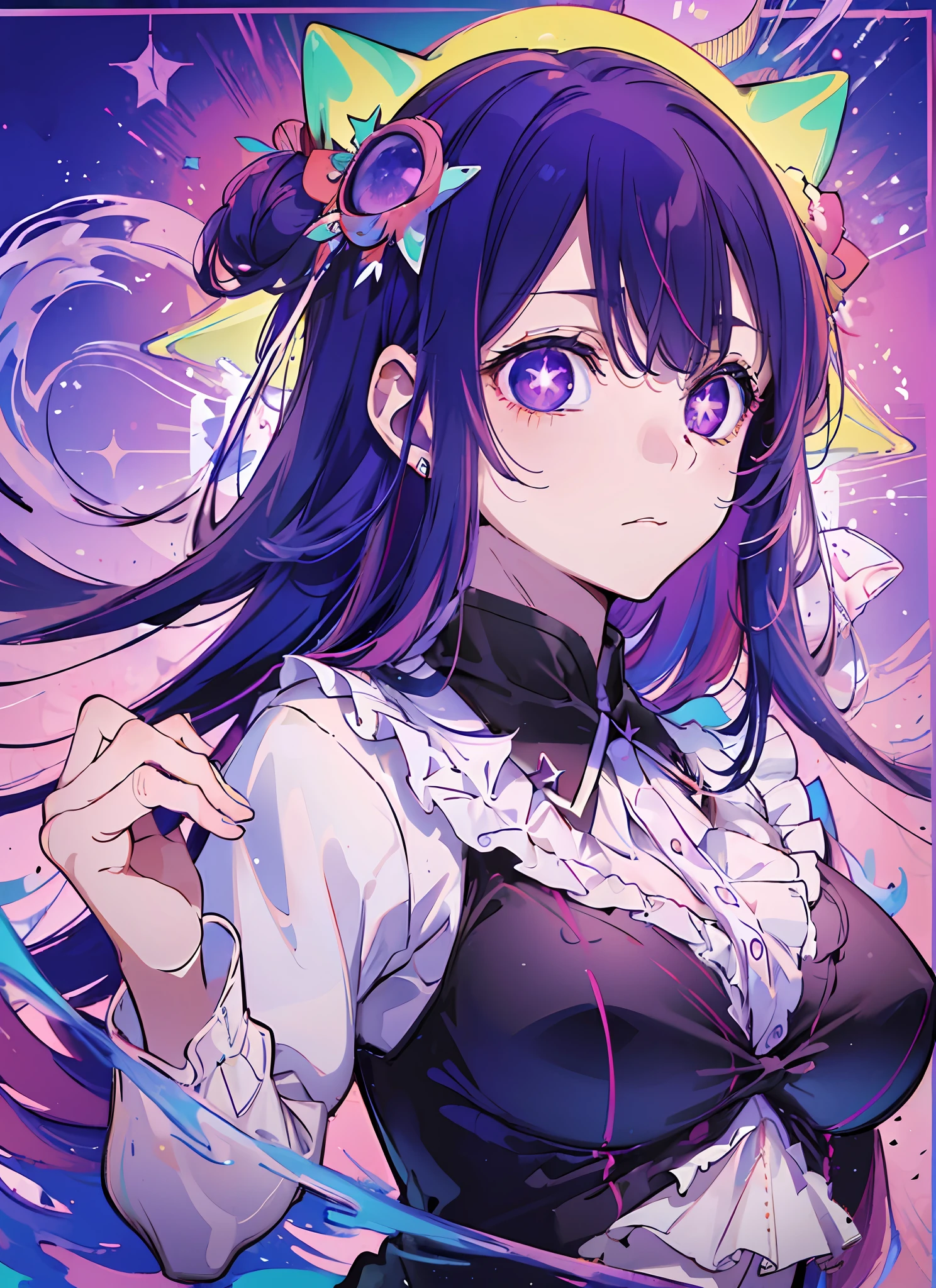 (flat color:1.3),(colorful:1.3),(masterpiece:1.2), best quality, masterpiece, original, extremely detailed wallpaper, looking at viewer,1girl,solo,floating colorful water, purple hair, purple eyes, ((large breast)), ((star shaped eyes)), star pupils, ((star shaped pupils)), ((star eyes))