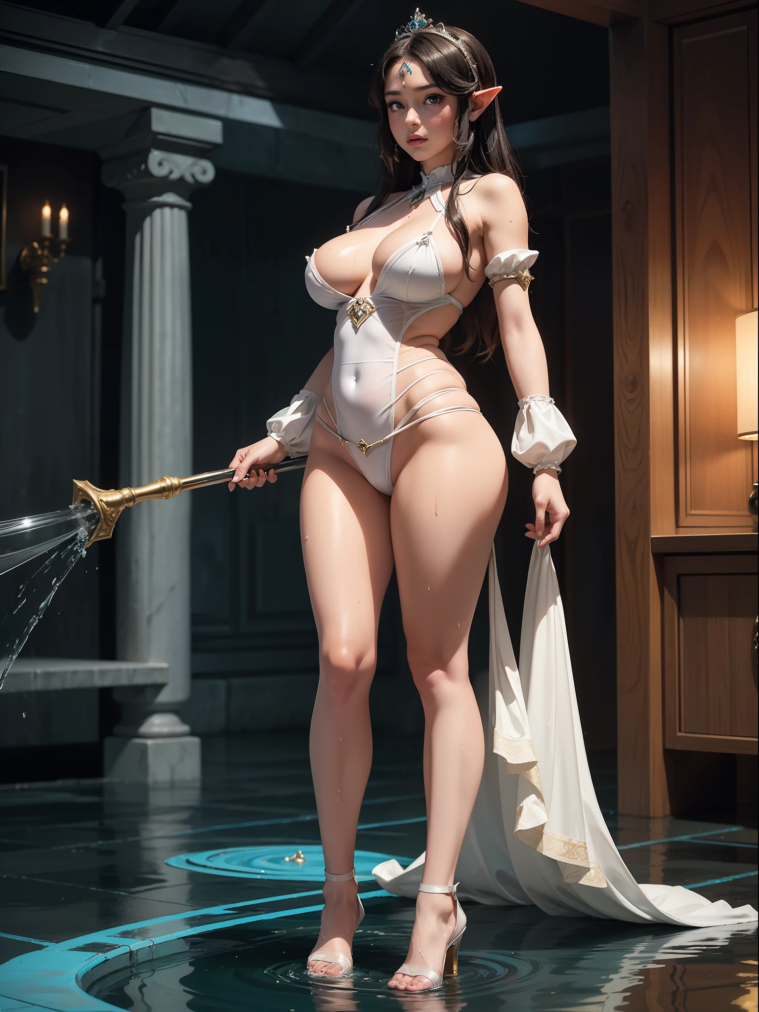 (full body photo:1.5), (Princess Zelda/19 years old), (large and hard breasts:1.5), (transparent:1.3), (extremely tight on body:1.3), white silk maid's outfit, looking at the viewer, (naughty facial expression:1.3), (doing sensual pose:1.3), inside a water park under a shower with water falling hard on top of her, she has short, straight black hair, dark green eyes, realism, hyperrealism, Verismo, ultra realistic photo, 16k, award-winning, best quality, high details, anatomically correct, textured leather, UHD, masterpiece