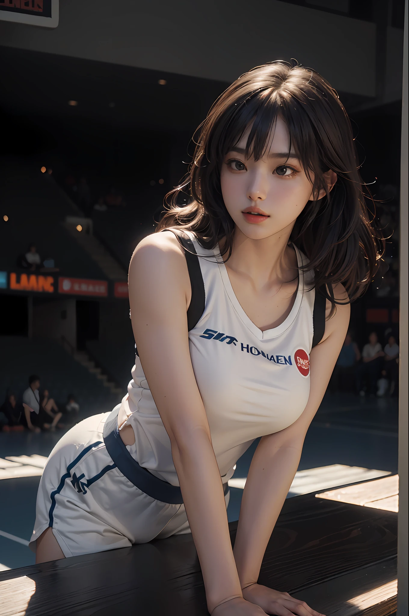 (RAW photo, 4k, masterpiece, high resolution, extremely complex) (realistic: 1.4), cinematic lighting Delicate girl with facial features
1 Girl, Single Focus, Summer Noon, Hot, 1990s\(Style\), Skin White Breasts (best quality), (Highres), (an extremely delicate and beautiful),,(Beautiful 8k face),(Brown eyes),(ulzzang-6500:1.0),(solo),(Looking side),( spectators),(large breasts),(NBA),bent over,,lookside,(side), ,(Basketball sportswear),((Play basketball)),((gymnasium)),((speed)),(reality),