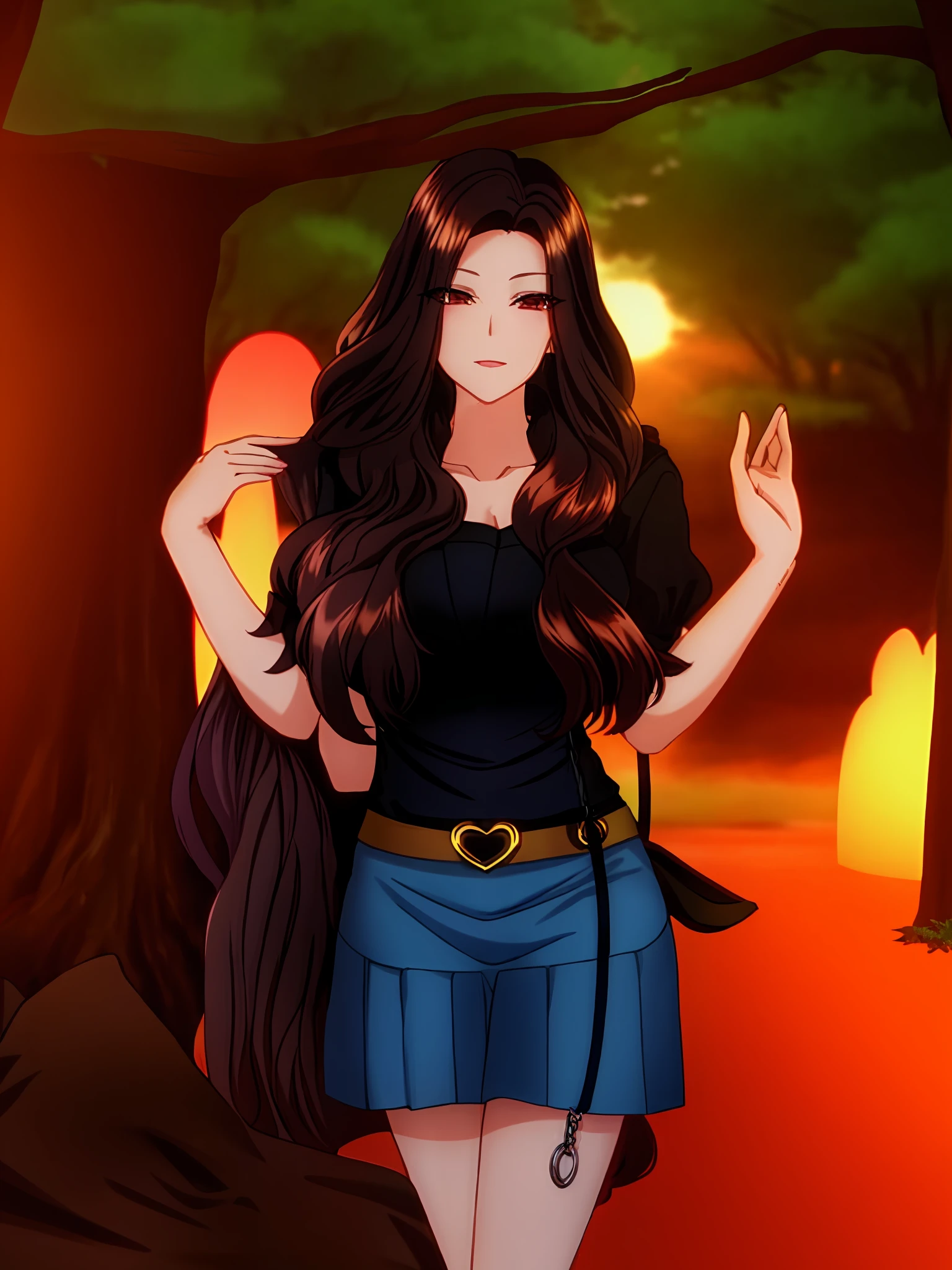 There is a woman who is standing in a forest at sunset, Imvu, second life avatar, anime character, long long shiny brown ethereal hair, cropped black with neckline, large breasts, blue skirt with heart belt and hanging handcuffs, high quality picture