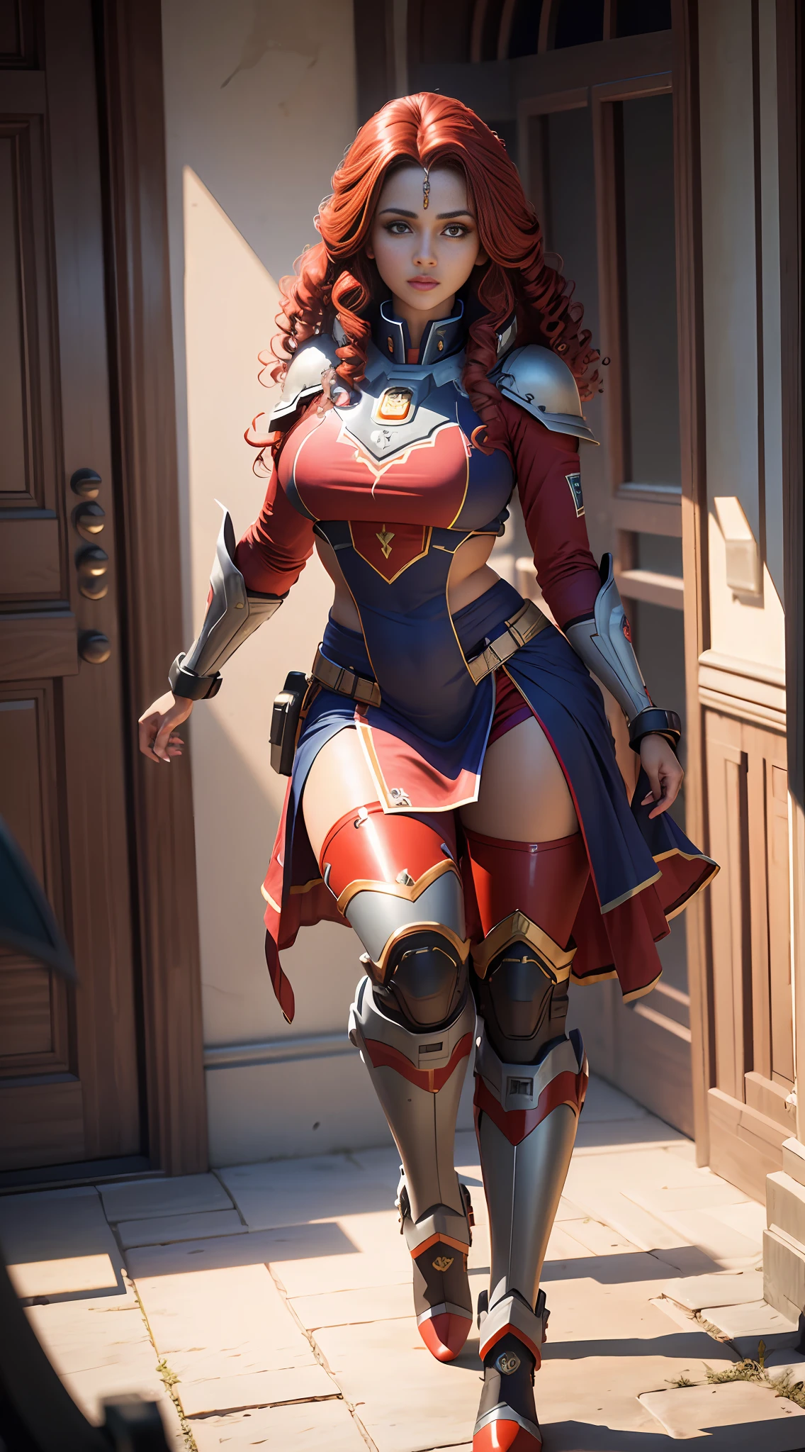 4k highly detailed realistic ((full body including legs)),  (((beautiful indian bollywood girl))), ((dark skin)),((thick lips)), ((long voluminous curly red hair)), (((red blue outfit))), ((mecha boots)), extremely detailed,((Best quality)), ((masterpiece)), (detailed:1.4), 3D,HDR (High Dynamic Range),Ray Tracing,NVIDIA RTX,Super-Resolution,Unreal 5,Subsurface scattering,PBR Texturing,Post-processing,Anisotropic Filtering,Depth-of-field,Maximum clarity and sharpness,Multi-layered textures,Albedo and Specular maps,Surface shading,Accurate simulation of light-material interaction,Perfect proportions,Octane Render,Two-tone lighting,Wide aperture,Low ISO,White balance,Rule of thirds,8K RAW,