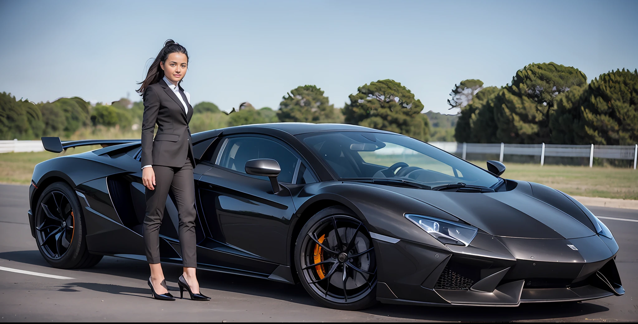 arafed woman in a black suit standing next to a black sports car, motivational, mclaren, supercar, woman in black business suit, automotive photography, wealthy women, woman in business suit, portrait shot, sportscar, lamborghini aventador photoshoot, by Natasha Tan, marketing photo, outdoors business portrait, girl in suit, serious business, auto photography, featured