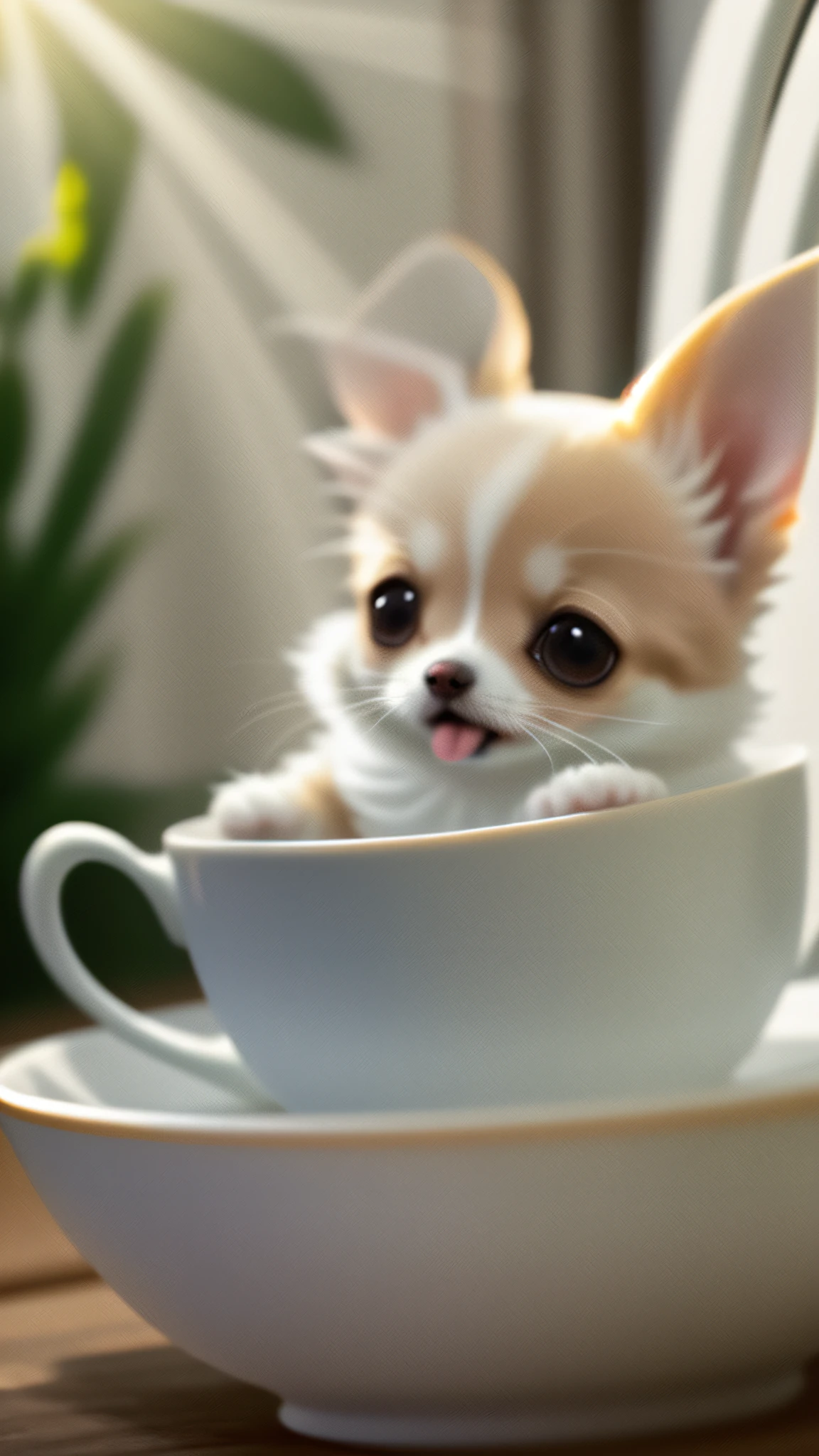 Long coat Chihuahua of white-cream color, (small)))), in a teacup, face out, tongue-sticking out front paws sticking out of teacup, 8k, professional photo, delicate, clear, on the table, in the house, sunshine, light leak, masterpiece, ((((pretty)))