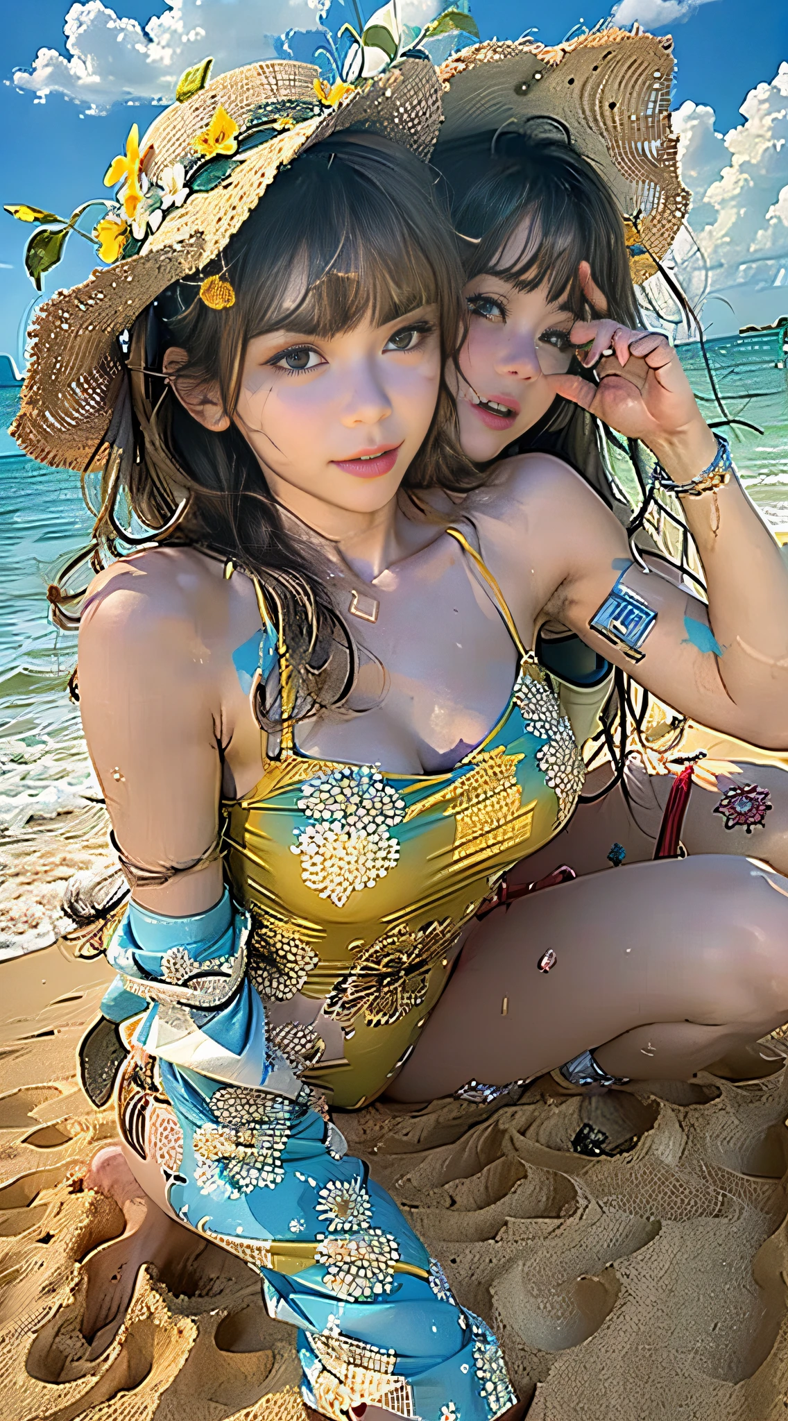 (Masterpiece, best quality), two girls playing in the sand, happy, fine facial features, swimsuit, golden white sand, endless clear ocean, clean blue sky, white clouds,