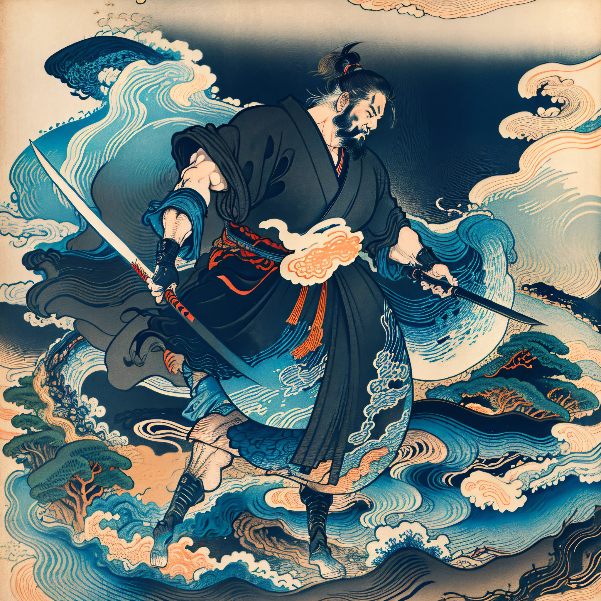 It is a full-body painting with natural colors with Katsushika Hokusai-style line drawings. A samurai with a large Japan body like a strongman. He has a dignified yet manly expression of determination, short black hair, and a short, trimmed beard. About 30s. His upper body should be drawn in a black kimono, with a knee-length hakama in a flowing shape that flutters in the wind. Japan holding a sword in his right hand. Stand in the thundering of the masterpiece's high-resolution ukiyo-e style at the highest quality
