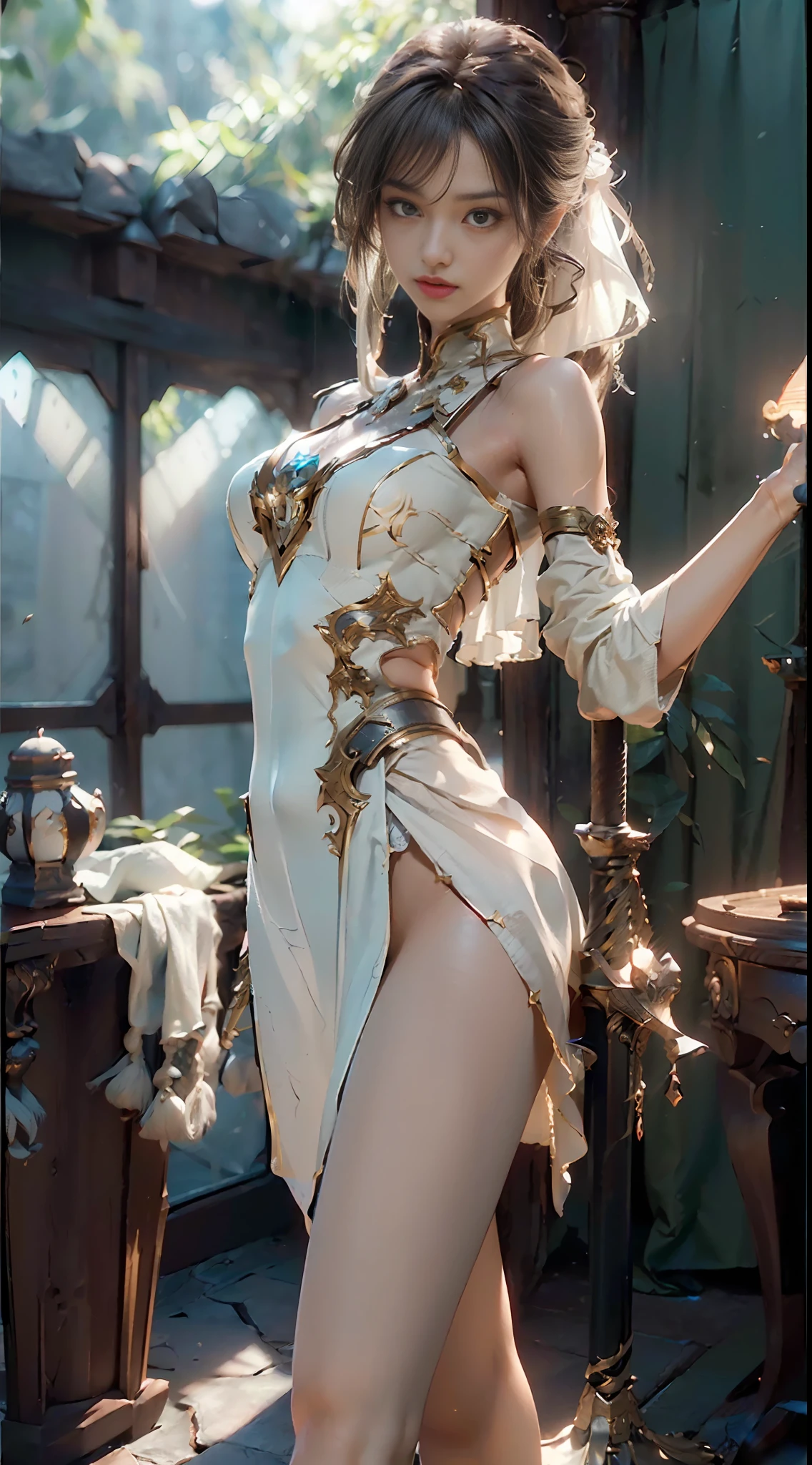(Best Quality), ((Masterpiece), (Detail: 1.4), 3D, A Beautiful Dancer Female Image, HDR (High Dynamic Range), Ray Tracing, NVIDIA RTX, Super-Resolution, Unreal 5, Subsurface Scattering, PBR Texture, Post-Processing, Anisotropic Filtering, Depth of Field, Maximum Clarity and Clarity, Multi-layer Texture, Albedo and Highlight Maps, Surface Shading, Accurate Simulation of Light-Material Interactions, Perfect Proportions, Octane Render, Two-color Light, Large Aperture, Low ISO, White Balance, Rule of Thirds, 8K RAW, Absolute Field, Long Legs, Sword Held, Feet, Delicate Face, Thin Waist, Starship,