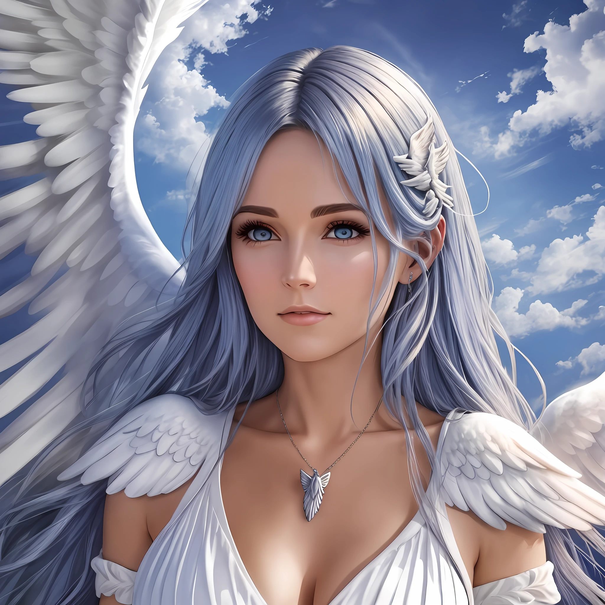 Woman with angel wings sky clouds Super realistic well detailed
