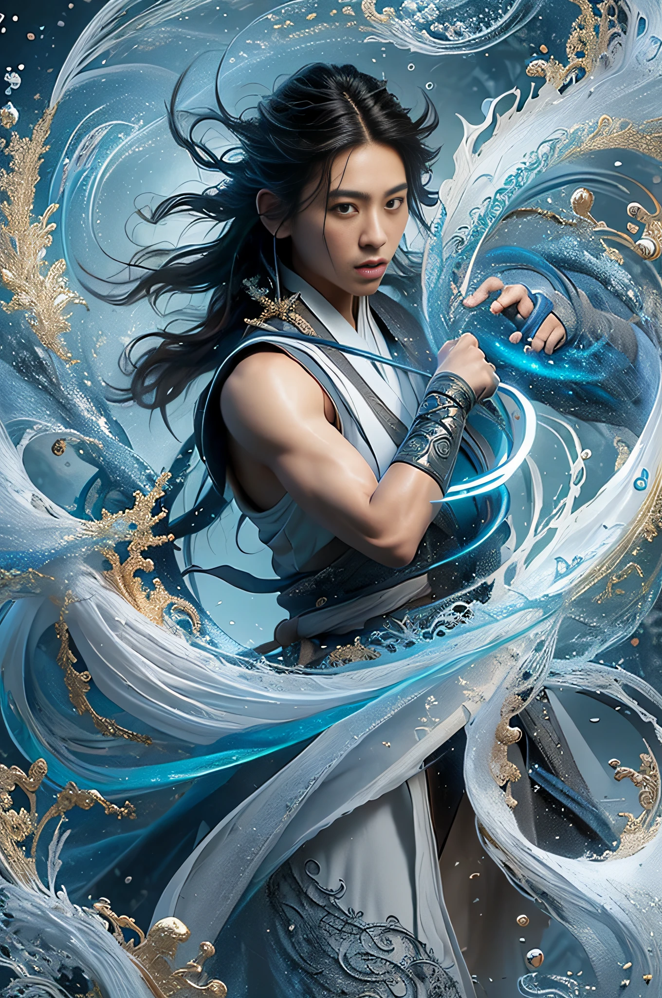 Best quality, masterpiece, super high resolution, hanfu, jade water book, black hair, water, waves, crashing waves, spells, fa gong, (absurd, high resolution, super detailed), Asian, 1 male, eighteen-year-old boy, handsome, tall muscular man, broad shoulders, very short hair, bottom cut, dark brown eyes, fine eyes and detailed face, extremely detailed CG Unity 8k wallpaper, intricate details, (Style Swirl Magic: 0.7), Looking at the Audience, Solo, (Full Body: 0.6), Detailed Background, Detailed Face, (European Medieval Fantasy Theme: 1.1), Hair Fluttering in the Wind, Martial Artist, Dynamic Pose, Combat Stance, Clenched Fists, Fingerless Gauntlet, Wristband, Dragon-themed Costume, Monk Robe, Rotating Floating Particles, Dynamic Composition, Upper Body Naked, Big Muscles, White Rubber Pants, ((((Crotch Bulge)))