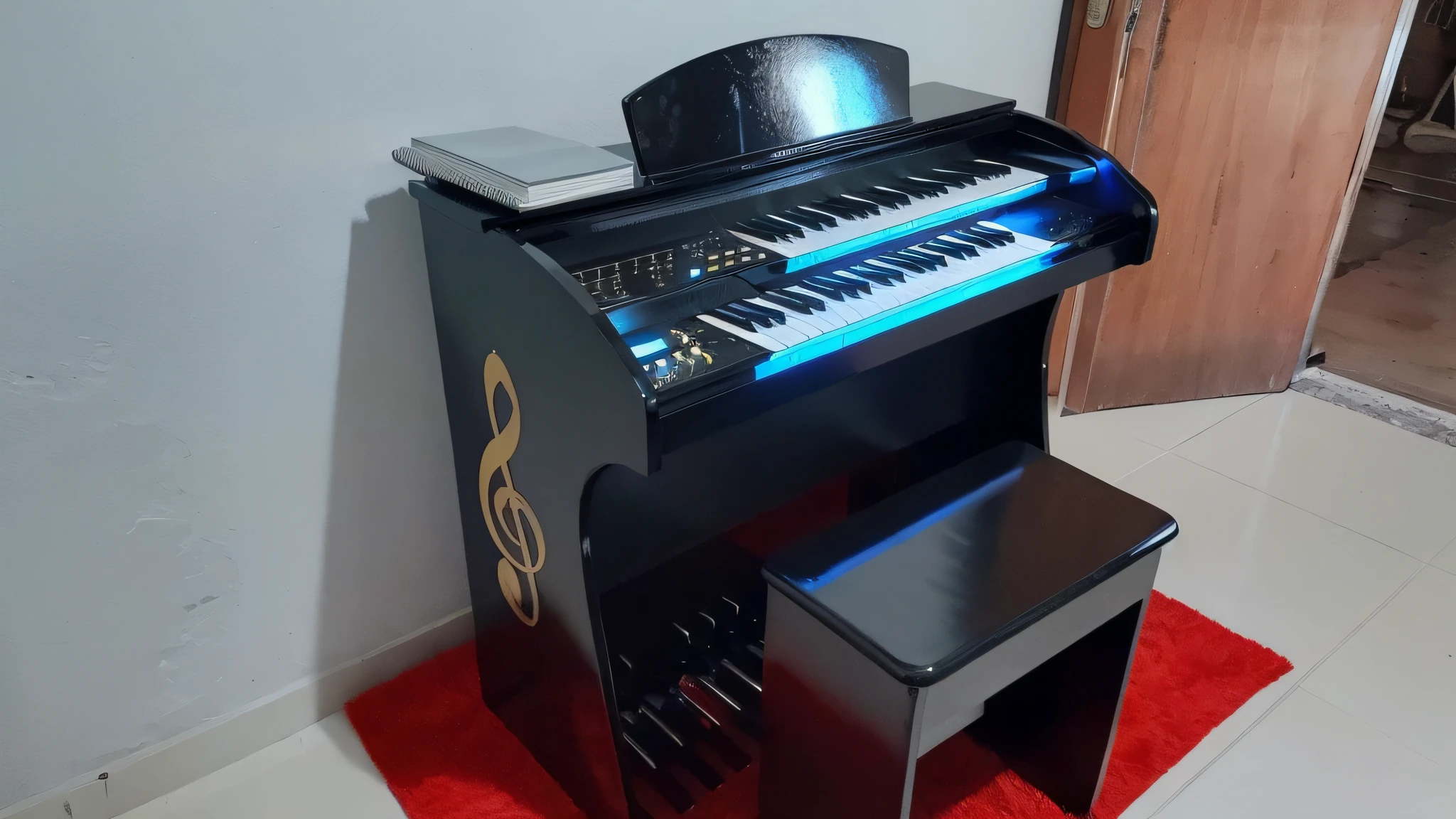 there is a piano with a hat on top of it, musical organ, mellotron, piano, full piano, musical keyboard, real pianos, pianos, album photo, new musical instruments, inspired by Bryan Organ, kawai, musical instruments, pipe organ, by Willian Murai, by Bryan Organ, synth, musical instrument, keyboard, black lacquer --auto --s2