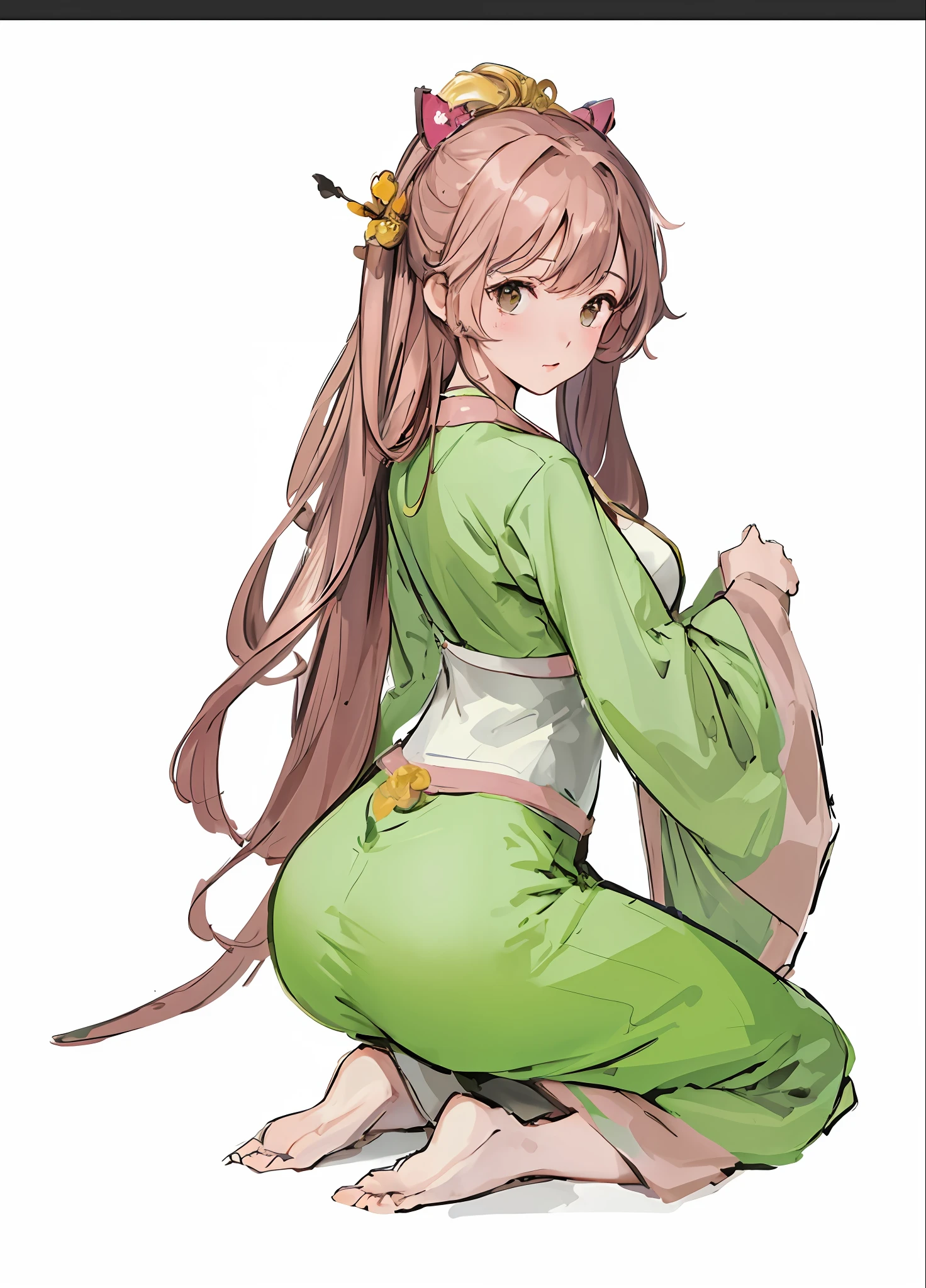 A kneeling girl, brown hair, black eyes, green clothes, green skirt, pink gradient, pink neckline, lotus pattern, Hanfu, Chinese dress, anime, two-dimensional, high quality,