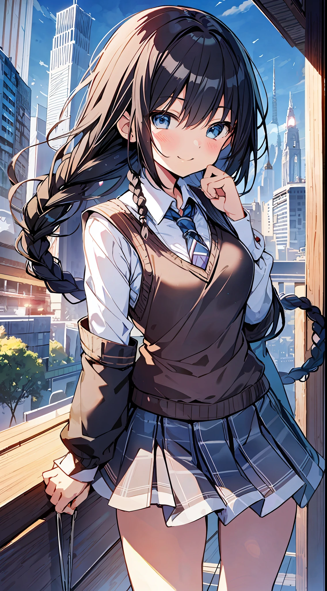 Top Quality, Best Masterpiece, Ultra High Definition, 8K, Light Blue Sweater Vest, Anime Style Loli, Single, Ultra Detailed Line Art, Digital Enhancement, Anime Core, Flowing Fabric, Close Up, ((Hair length to shoulder mouth and short braid)), staring at us from the front, soft drawing, beautiful black hair, crisp eyes, smiling smile, ultra-detailed digital anime art, Ultra-detailed anime character art, ultra-detailed manga style, top-quality colors, hand gestures, foot-ready angles, cityscapes with nature