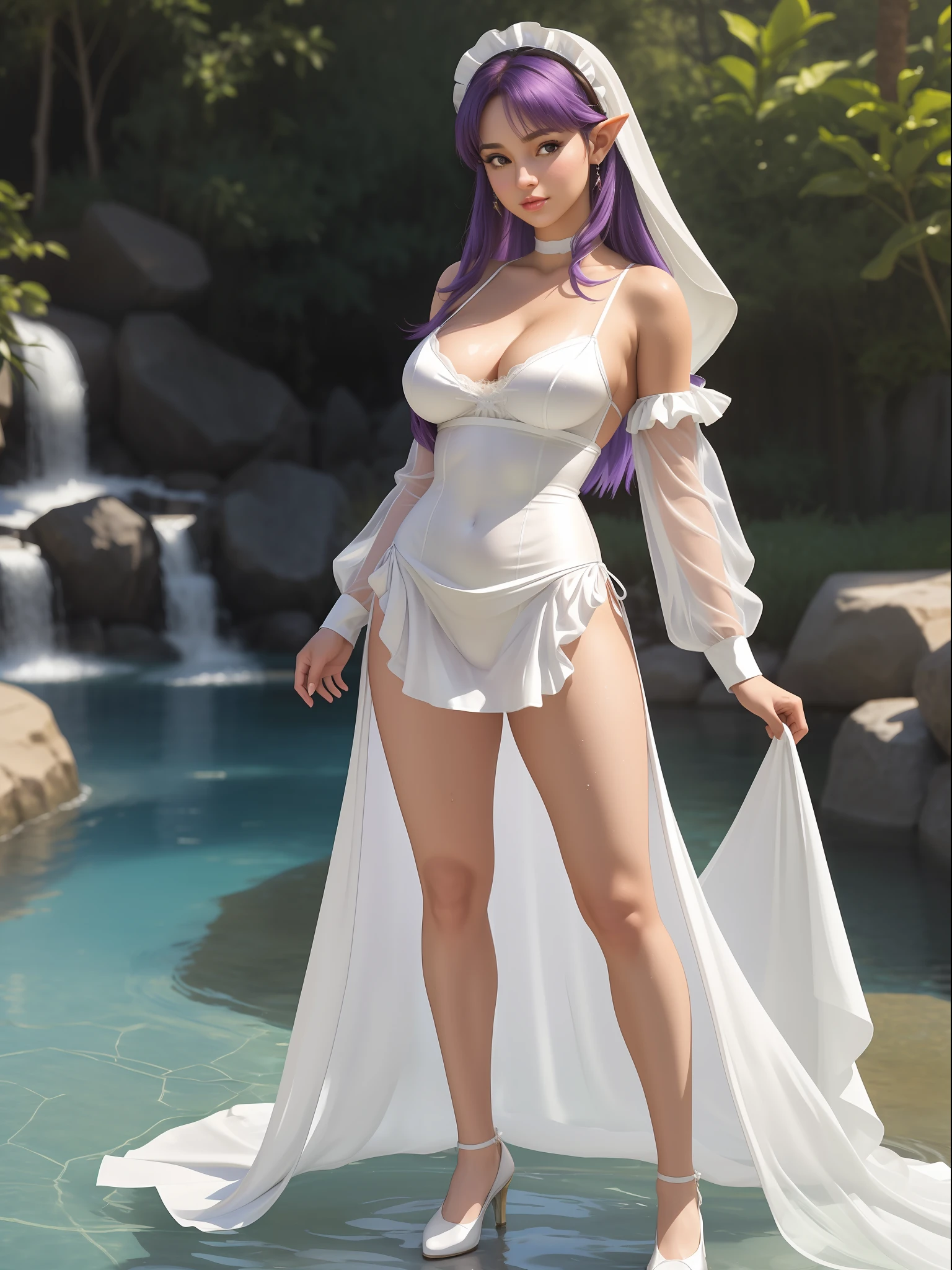 (full-body photo:1.5), (Princess Zelda/19 years old), (large, hard breasts:1.5), (transparent:1.3), (extremely tight on body:1.3), (white silk maid outfit+looking at the viewer:1.4), (naughty facial expression:1.3), (posing sensually:1.3), inside a water park under a shower with water falling hard on top of her, (she has short, straight purple hair:1.2), (green eyes:1.2), realism, hyperrealism, Verismo, ultra realistic photo, 16k, award-winning, best quality, high details, anatomically correct, textured leather, UHD, masterpiece