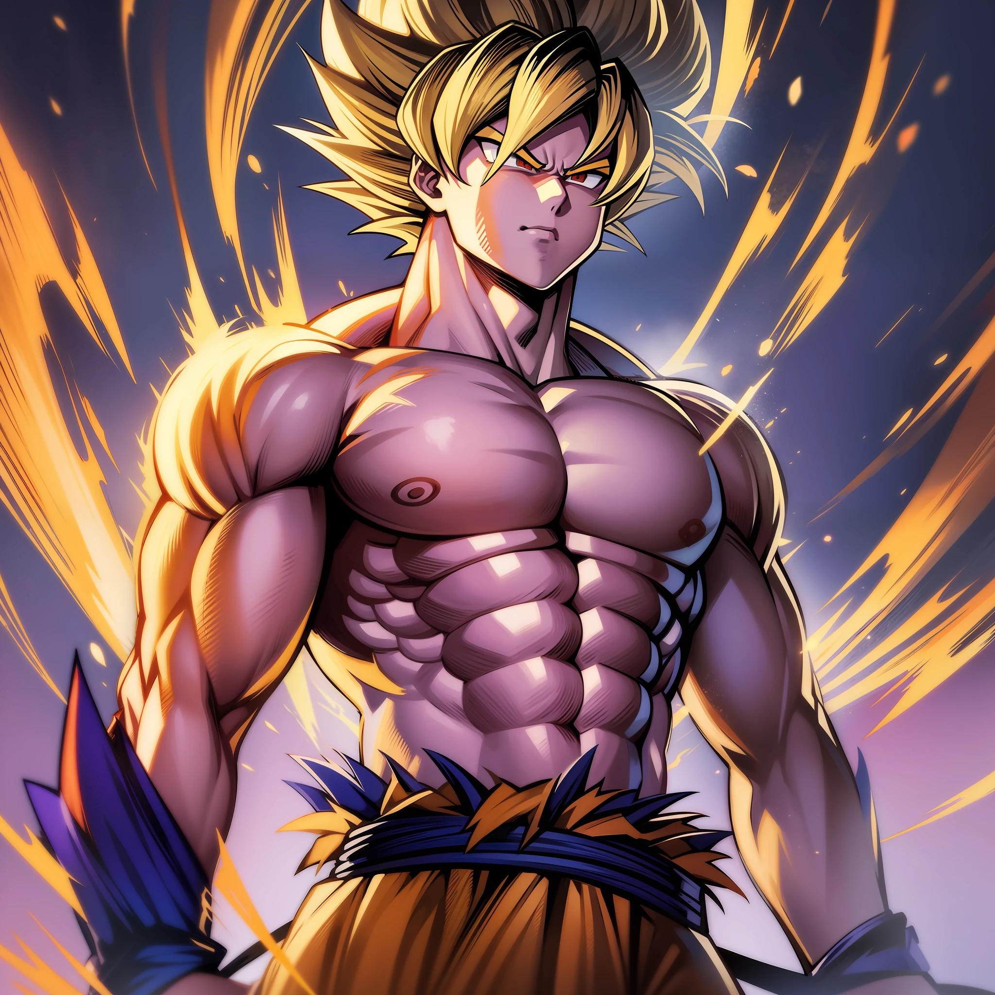 Son goku super sayajin looking up, serious face. aura of power. Muscles. soft light. digital art. traces of 90's anime. Torn clothes.