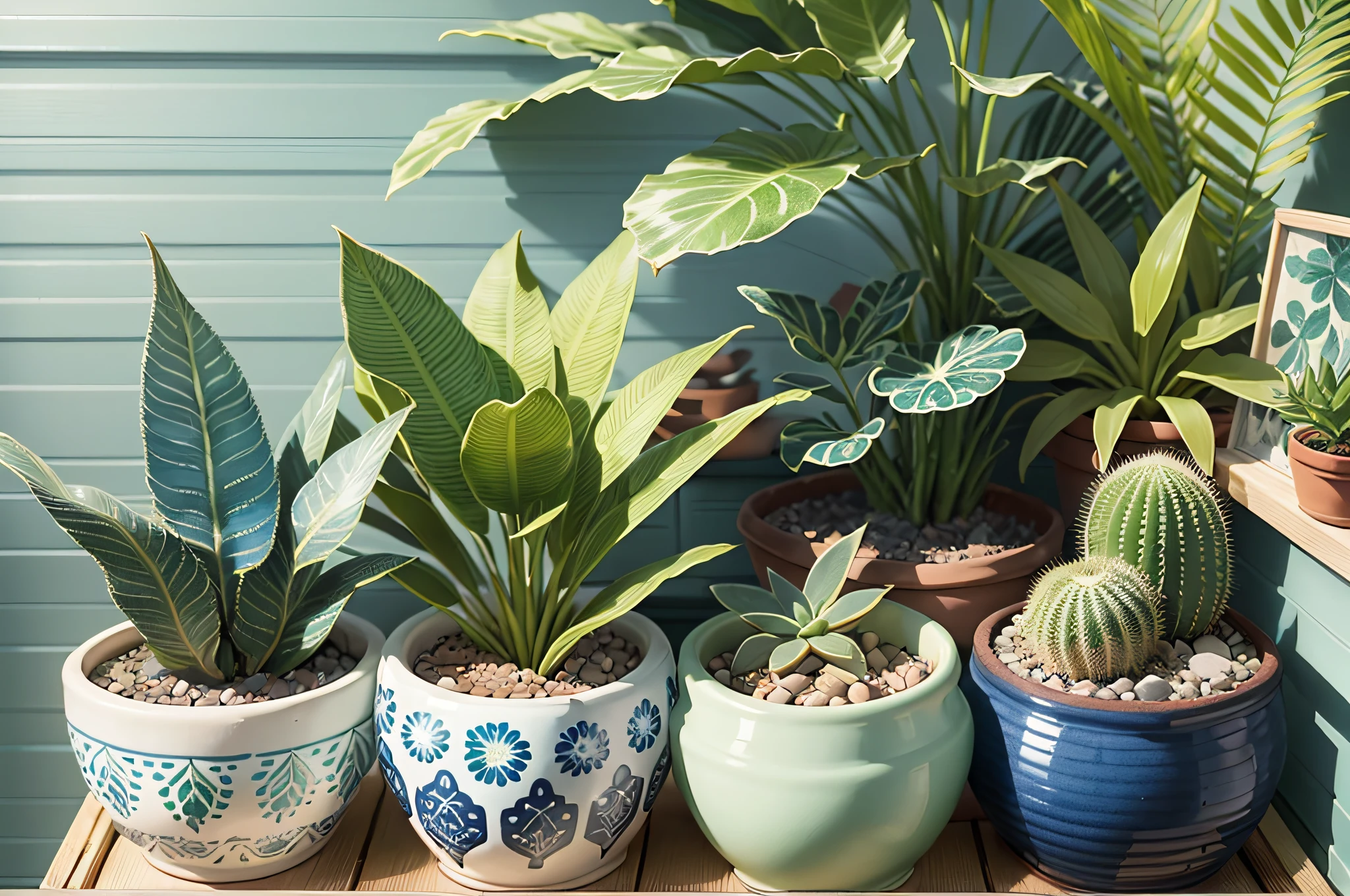 a close up of a room with a lot of plants in pots, green and blue and warm theme, room full of plants, window sill with plants, plants on pots and on the walls, cozy home background, small plants on the window sill, with cactus plants in the room, house plants, brightly lit blue room, plants and jungle, pots with plants --auto --s2