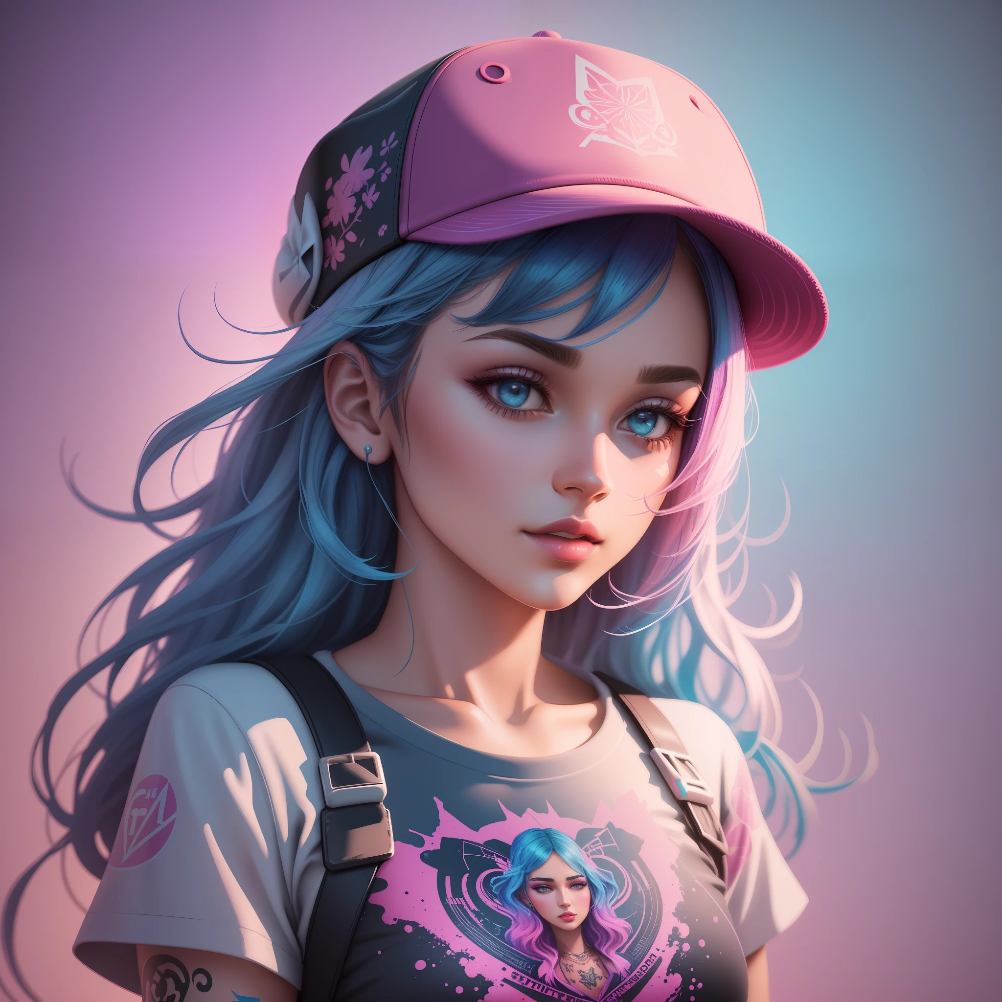 A detailed illustration of a beautiful girl, wearing a hat, the girl have tattoos in the arms, psychedelic artsyle, t-shirt design, splatter artstyle, pastel tetradic colors, 3D vector art, fantasy art, watercolor effect, Adobe Illustrator, hand-drawn, digital painting, low-poly, soft lighting, isometric style, retro aesthetic focused on the character, 4K resolution, photorealistic rendering, using Cinema 4D