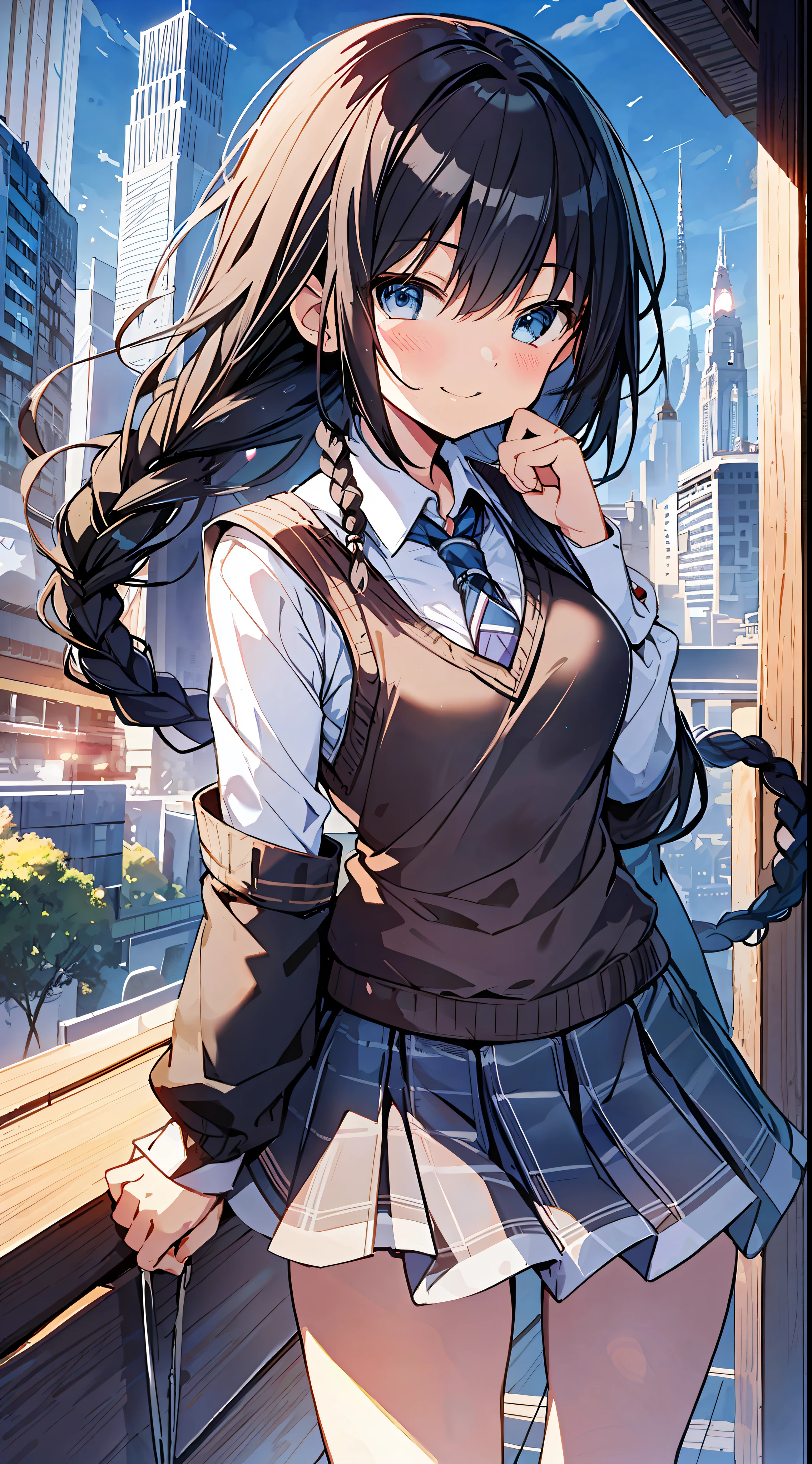Top Quality, Best Masterpiece, Ultra High Definition, 8K, Light Blue Sweater Vest, Anime Style Loli, Single, Ultra Detailed Line Art, Digital Enhancement, Anime Core, Flowing Fabric, Close Up, ((Hair length to shoulder mouth and short braid)), staring at us from the front, soft drawing, beautiful black hair, crisp eyes, smiling smile, ultra-detailed digital anime art, Ultra-detailed anime character art, ultra-detailed manga style, top-quality colors, hand gestures, foot-ready angles, cityscapes with nature