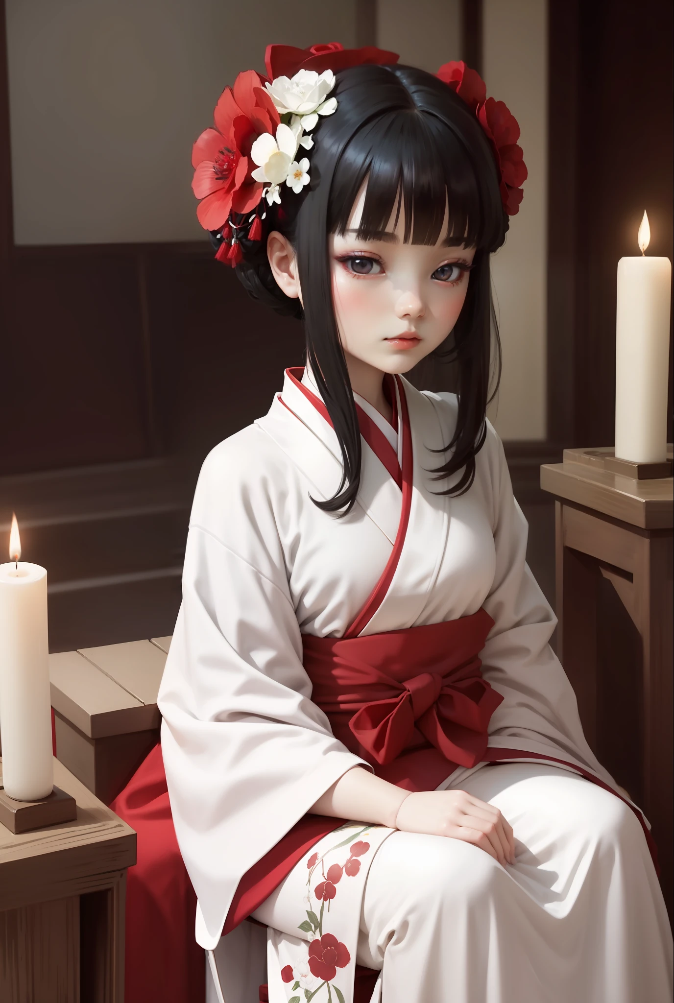 "Porcelain doll sitting at an altar, wearing a beautiful red kimono, with black hair made of human hair and face white as porcelain" --auto --s2