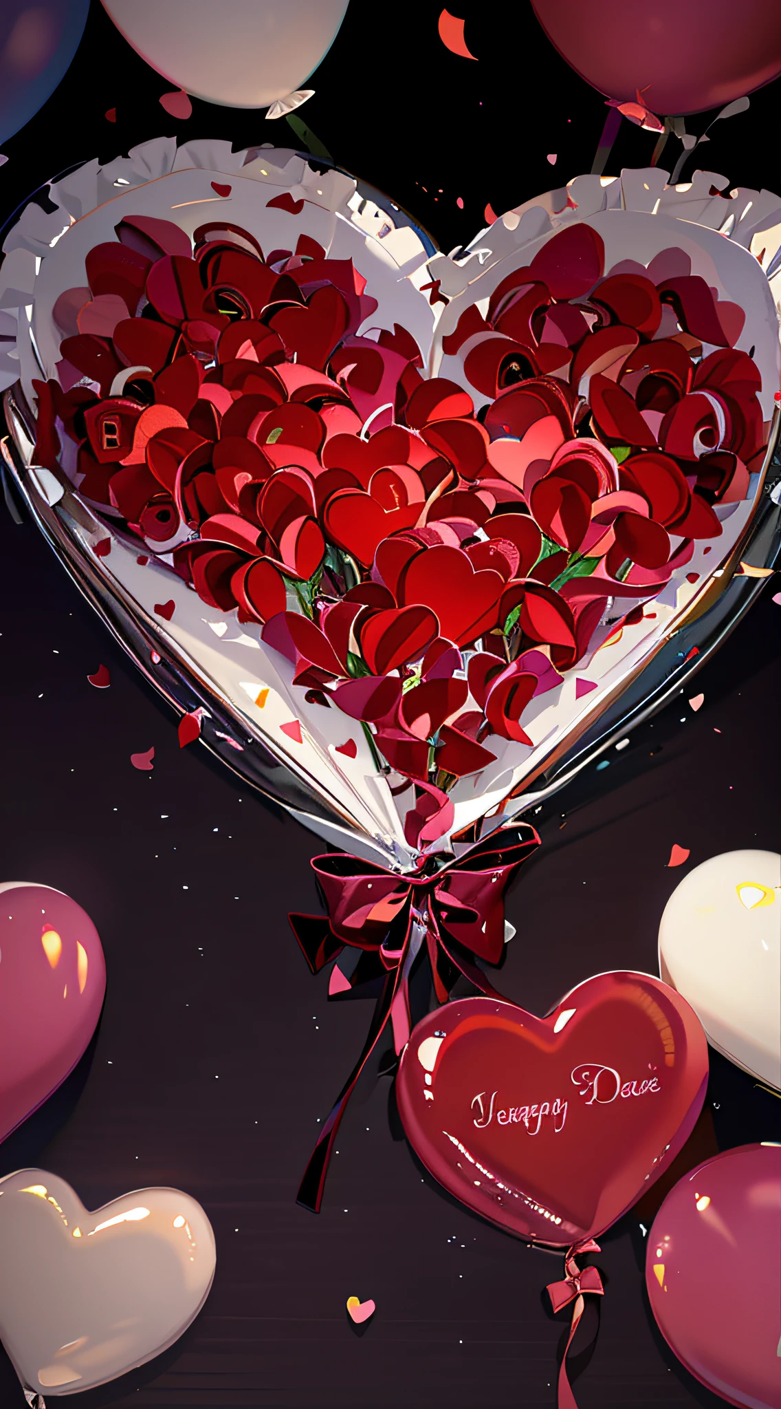 Valentine&#39;s Day poster, ultra-realistic scene, romantic and sweet atmosphere, flowers, love balloons,, blender, product rendering, HD 8K. . --v6