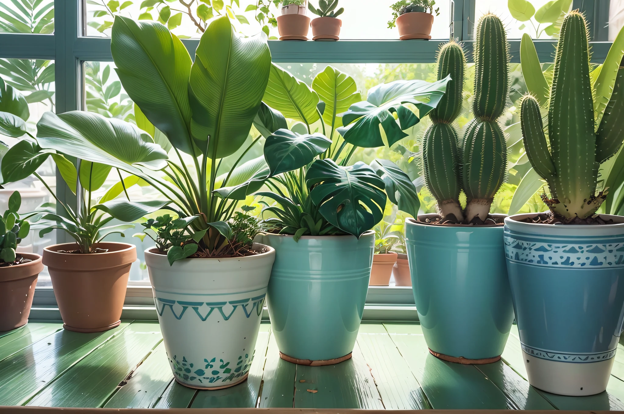 a close up of a room with a lot of plants in pots, green and blue and warm theme, room full of plants, window sill with plants, plants on pots and on the walls, cozy home background, small plants on the window sill, with cactus plants in the room, house plants, brightly lit blue room, plants and jungle, pots with plants --auto --s2