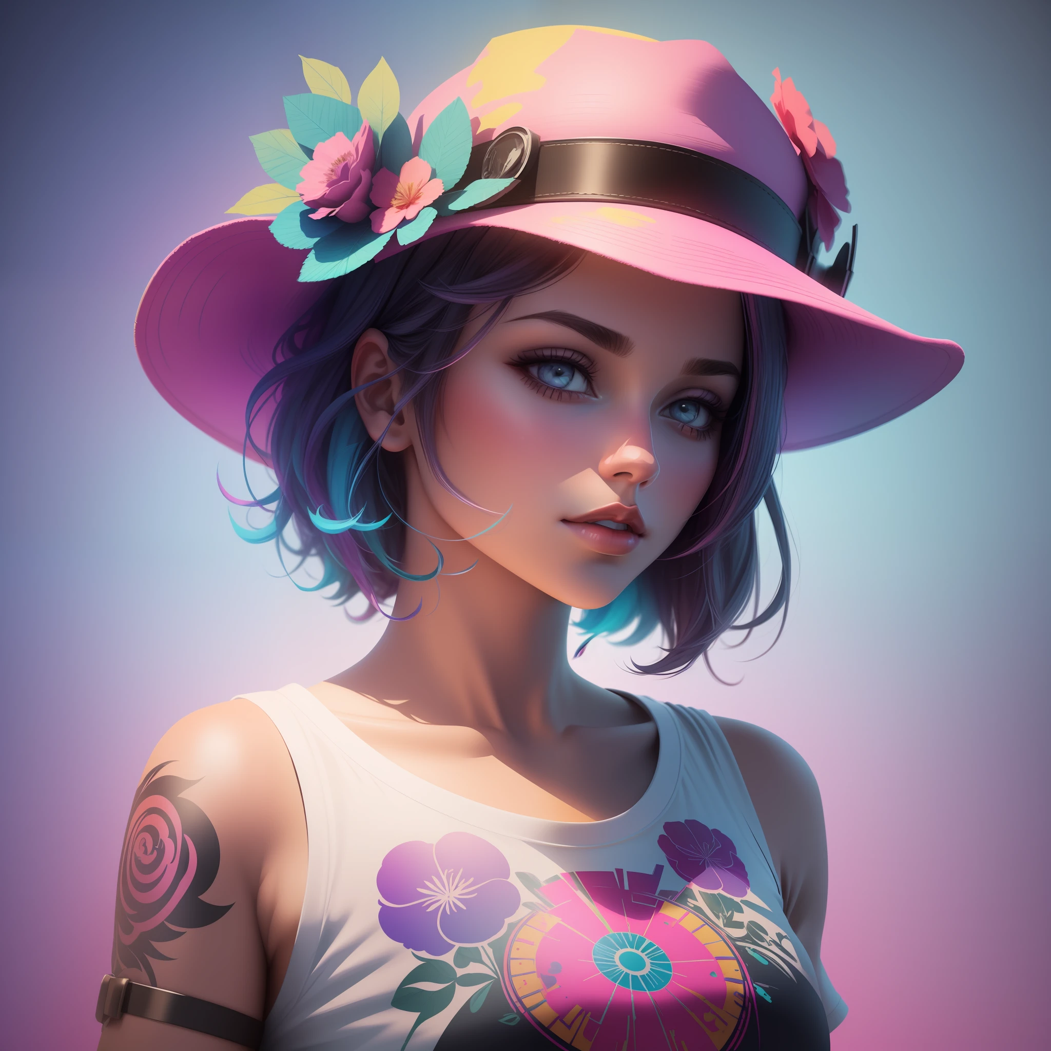 A detailed illustration of a beautiful girl, wearing a hat, the girl have tattoos in the arms, psychedelic artsyle, t-shirt design, splatter artstyle, pastel tetradic colors, 3D vector art, fantasy art, watercolor effect, Adobe Illustrator, hand-drawn, digital painting, low-poly, soft lighting, isometric style, retro aesthetic focused on the character, 4K resolution, photorealistic rendering, using Cinema 4D