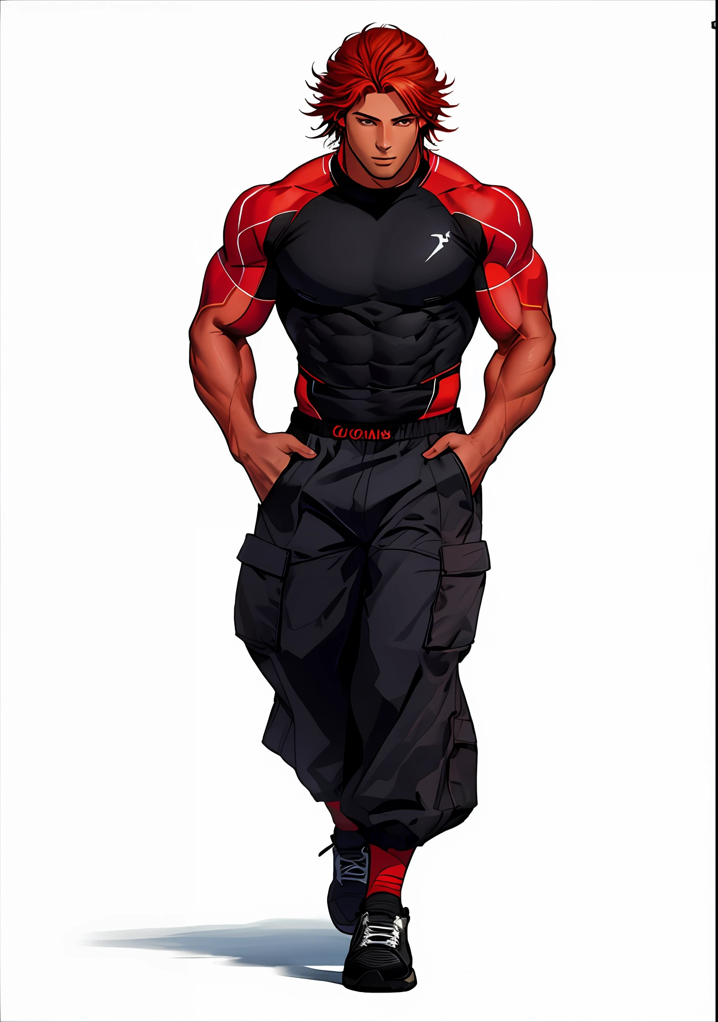 Male, red hair, delicate muscle lines, bulge, dark skin