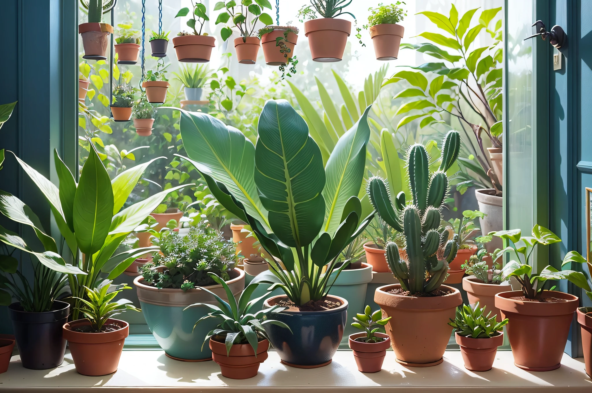 a close up of a room with a lot of plants in pots, green and blue and warm theme, room full of plants, window sill with plants, plants on pots and on the walls, cozy home background, small plants on the window sill, with cactus plants in the room, house plants, brightly lit blue room, plants and jungle, pots with plants --auto --s2