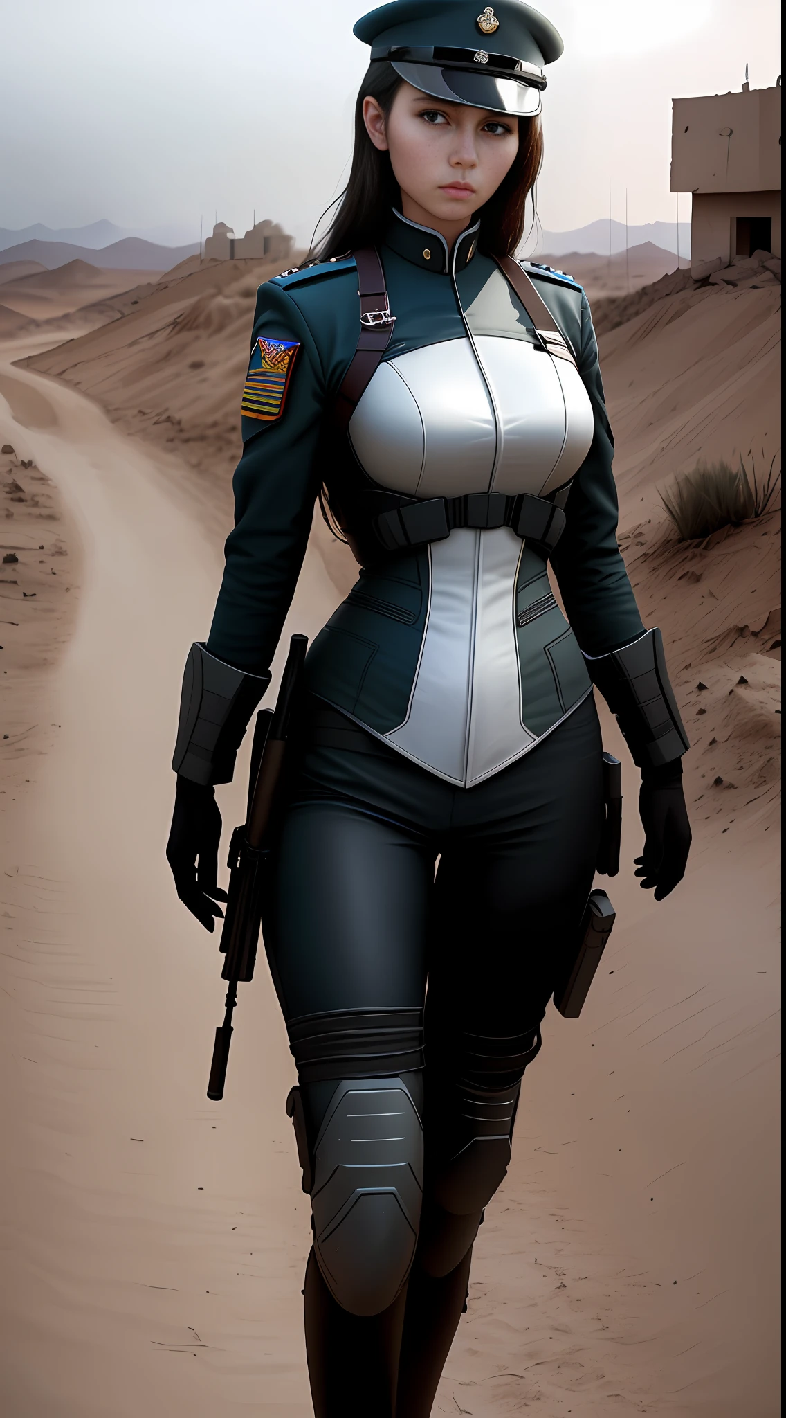Sexy women in uniform wander around the war zone, contrasting with high-intensity light and shadow, one (surrealism), and the photos taken are more effective. The theme highlights the difficult situation of women in uniform, showing high-resolution (high-definition) textured skin, presenting a new visual experience.