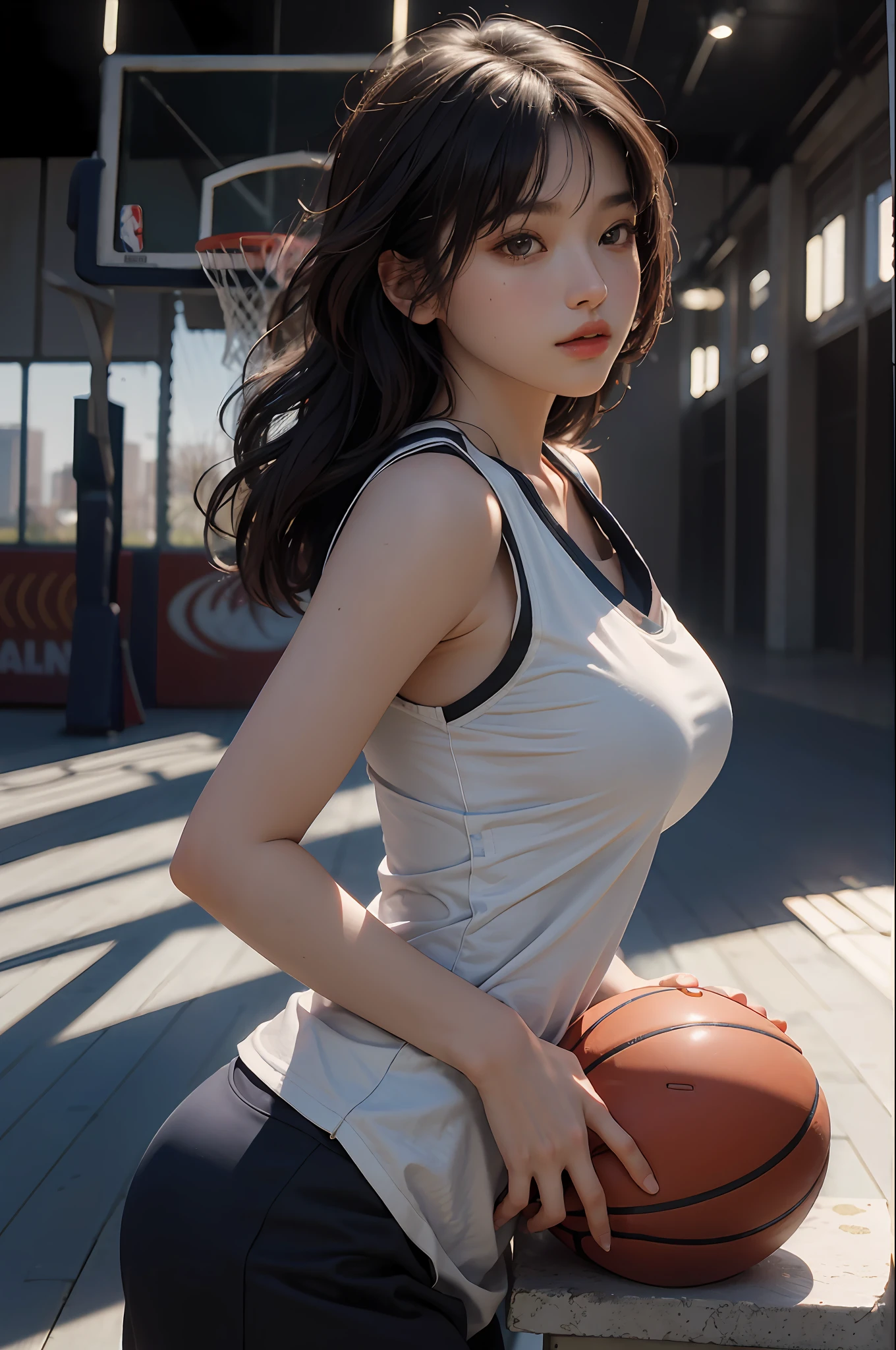 (RAW photo, 4k, masterpiece, high resolution, extremely complex) (realistic: 1.4), cinematic lighting Delicate girl with facial features
1 Girl, Single Focus, Summer Noon, Hot, 1990s\(Style\), Skin White Breasts (best quality), (Highres), (an extremely delicate and beautiful),,(Beautiful 8k face),(Brown eyes),(ulzzang-6500:1.0),(solo),(Looking side),( spectators),(large breasts),(NBA),bent over,,lookside,(side), ,(Basketball sportswear),((Play basketball)),((gymnasium)),((speed)),(reality),