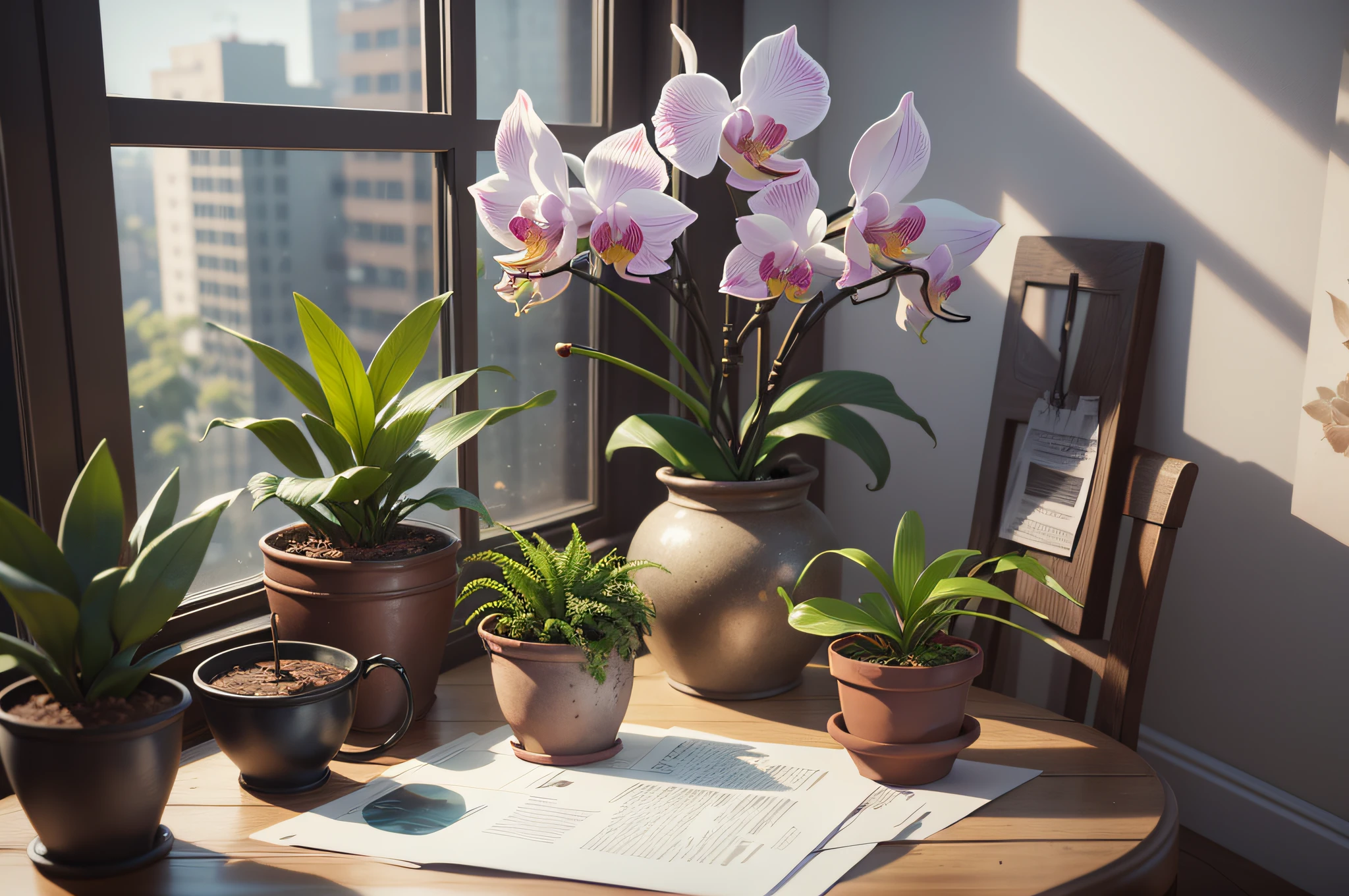 there are three potted plants on a table with a window in the background, moth orchids, orchids, 3 d giant orchid flower, orchid, 3 d photorealistic render, photorealistic 3d render, photorealistic 3 d render, photorealistic render, photoreal render, photo realistic render, natural realistic render, photorealistic rendering, hyper realistic detailed render, orchid stems --auto --s2