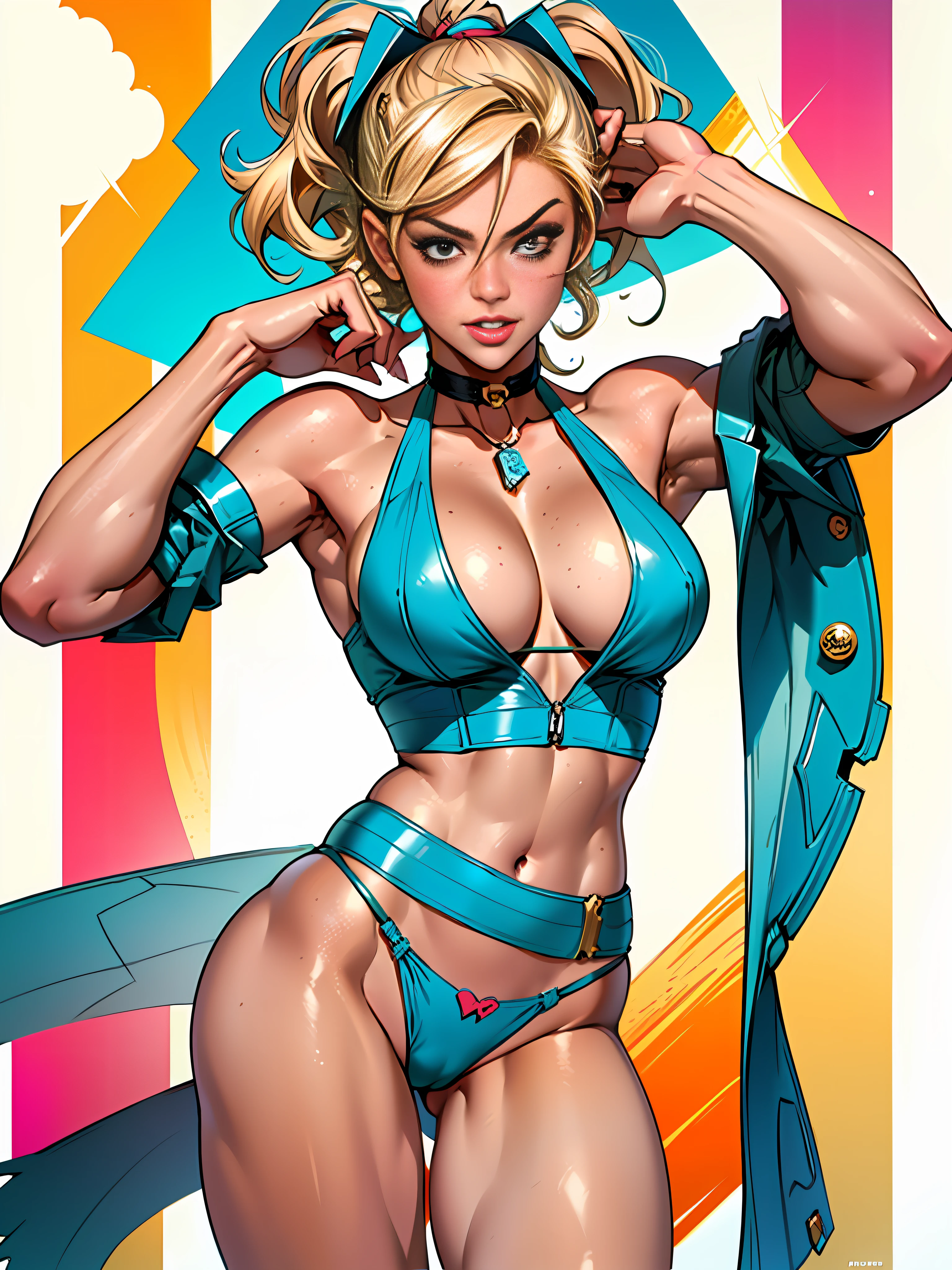 (high quality, best rendering), (beautiful girl, Ana Nicole Smith), (bombshell, pin-up style), psychopath, crazy face, sexy pose, 2 piece outfit, pastel, centered, scale to fit dimensions, micro thong, micro bikini, camel toe