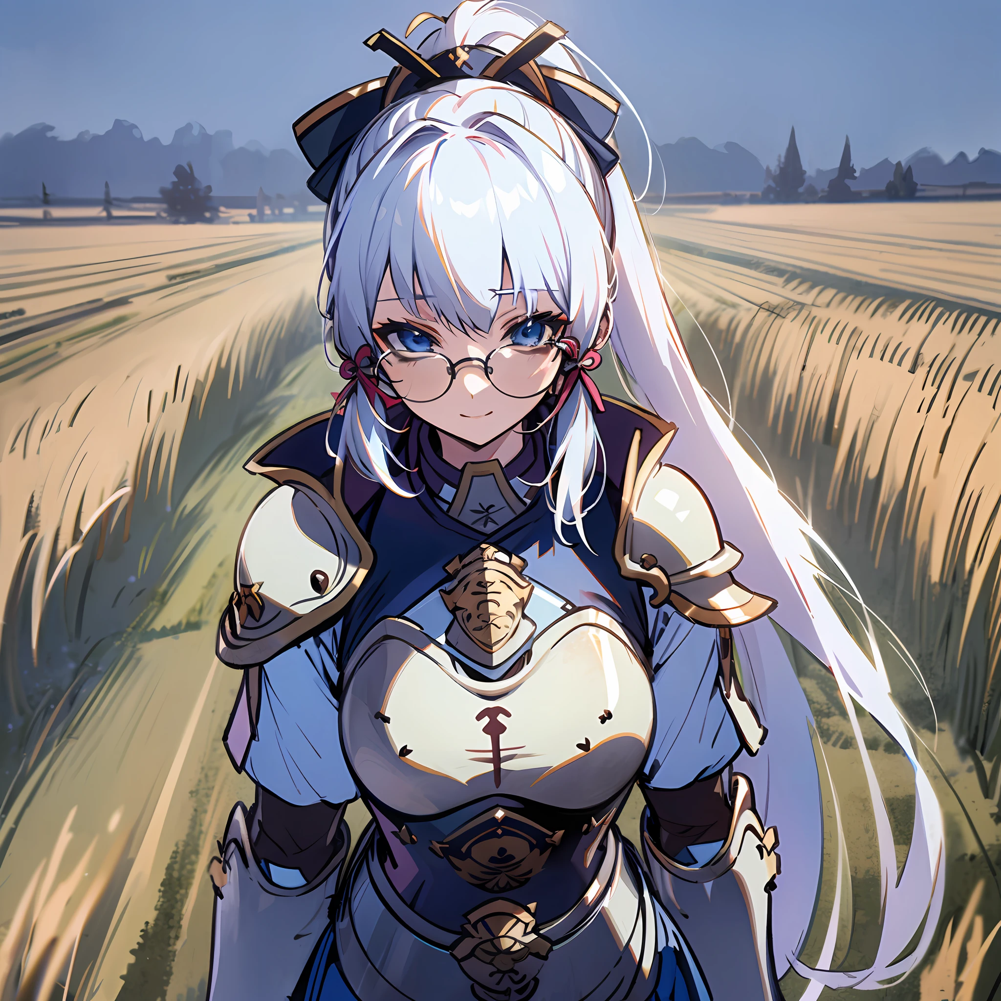 "Ayaka, the Solemn Knight with a Ponytail, wearing Glasses and White Hair, is standing in the middle of a Field Background, adding a touch of Knight Armor(0.7) to her charm. She has a Medium Breast and an inviting Smile with her Hair Accessories."
