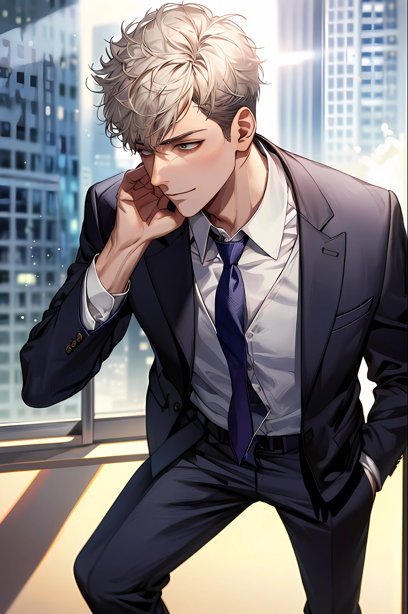 1boy, face focus, adult, business suit, jacket, white shirt, necktie, pants, best quality, hires, detailed face, office, buildings from window, detailed background, diffused sunlight, depth of field, bokeh