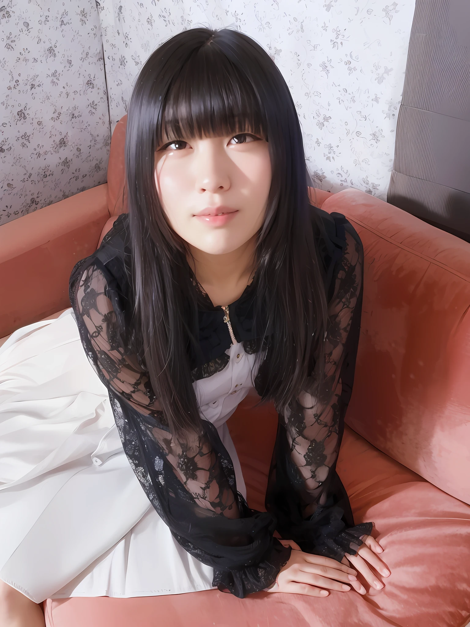 cute, beautiful girl, smiling, woman sitting on sofa in black lace top, black hair Midori Ishida, shot with Canon 8 0D, Yoshitomo Nara, Yui Kotegawa, shot with Canon EOS 5D, Chiho, shot with Canon EOS 5D, shot with Canon EOS 5D --auto --s2